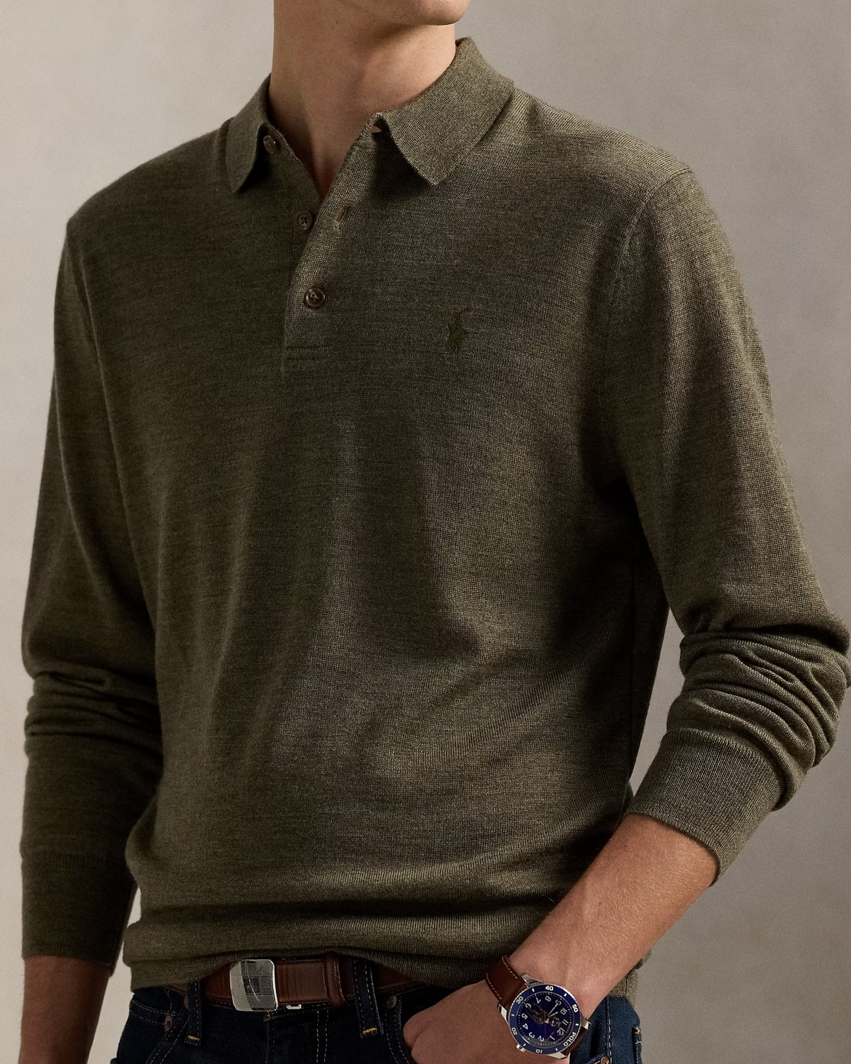 Knitted Wool Long Sleeve Polo - Green