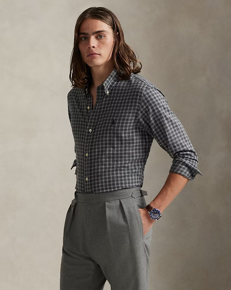 Custom Fit Plaid Twill Shirt - Grey