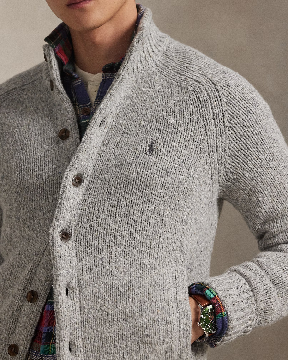 Wool-Blend Mockneck Cardigan - Grey