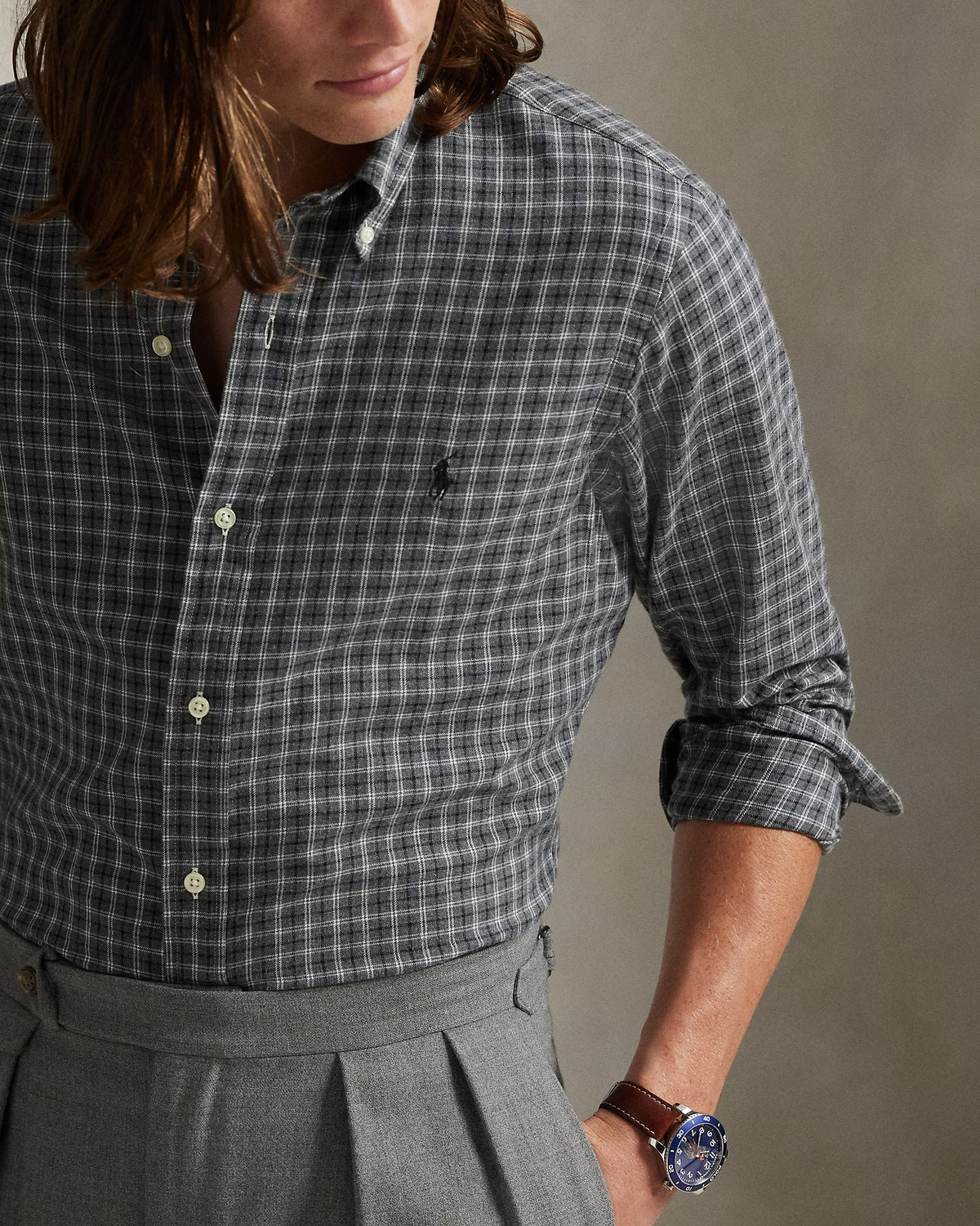 Custom Fit Plaid Twill Shirt - Grey