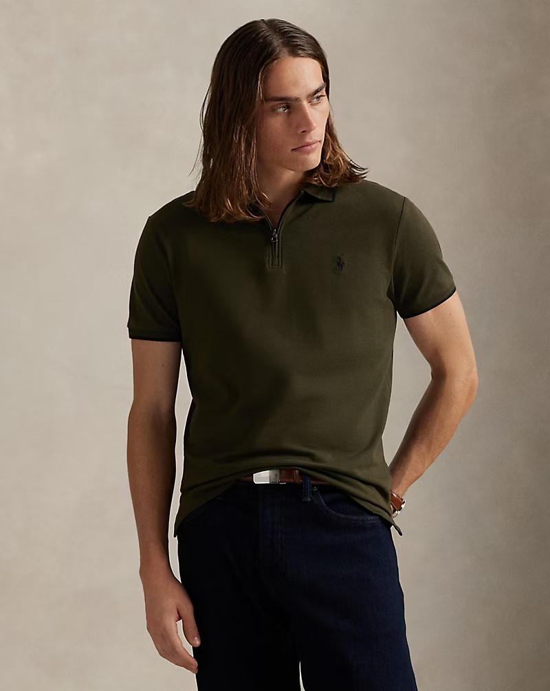 Custom Slim Fit Stretch Mesh Zip Polo Shirt - Khaki