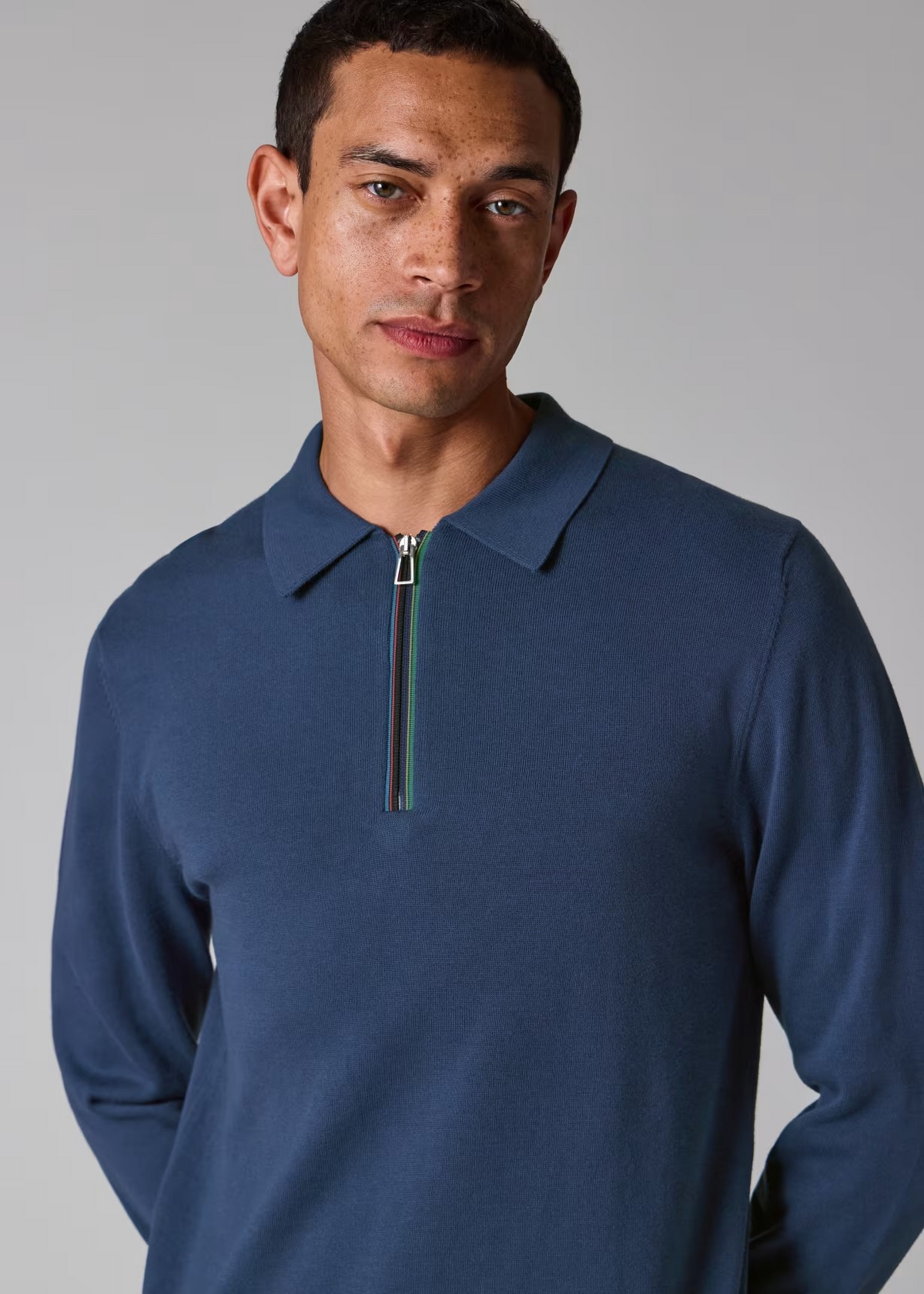 Sports Stripe Zip-Neck Long-Sleeve Polo Shirt - Blue