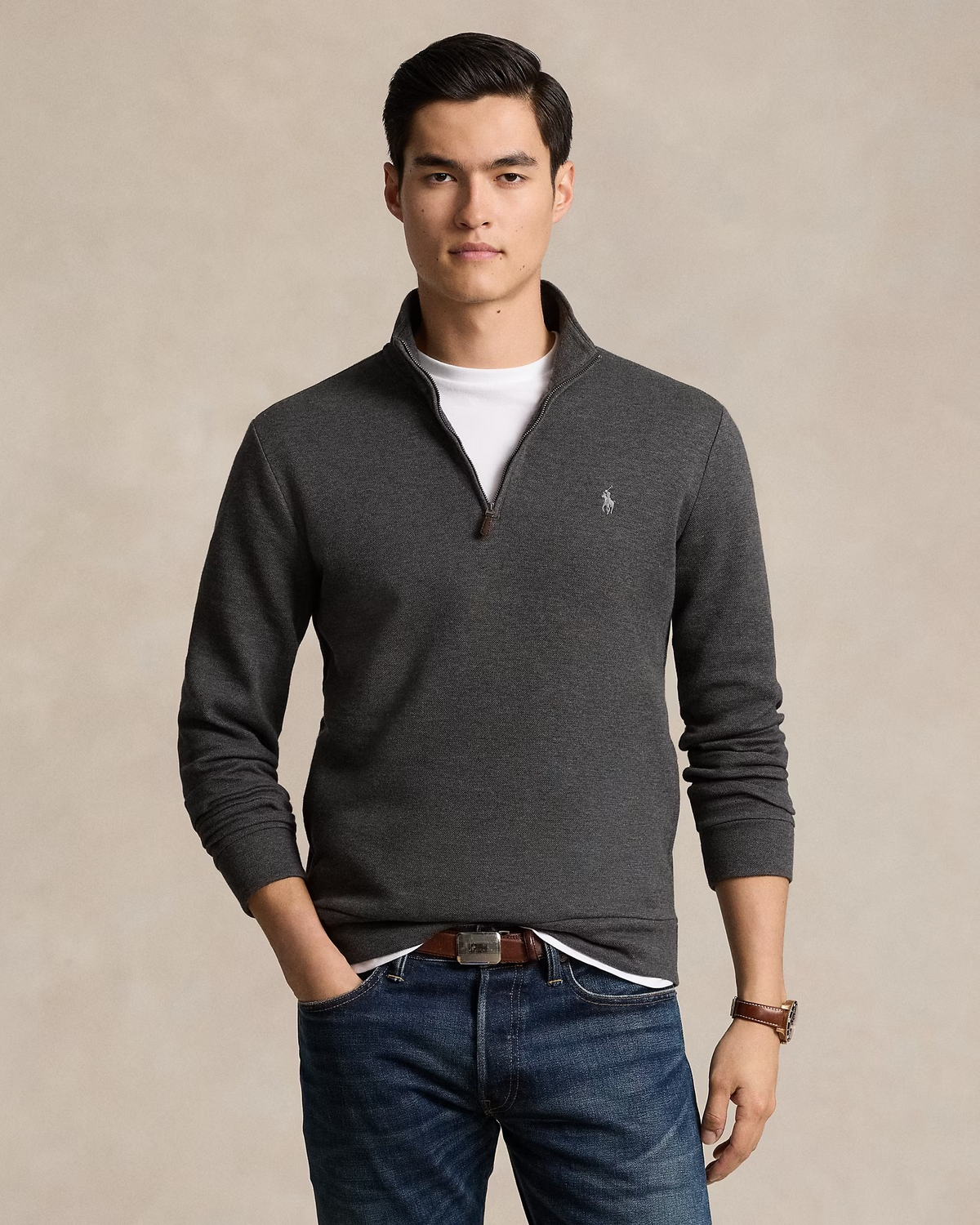 Quarter Zip Textured Mesh Knit Jumper - Charcoal Grey