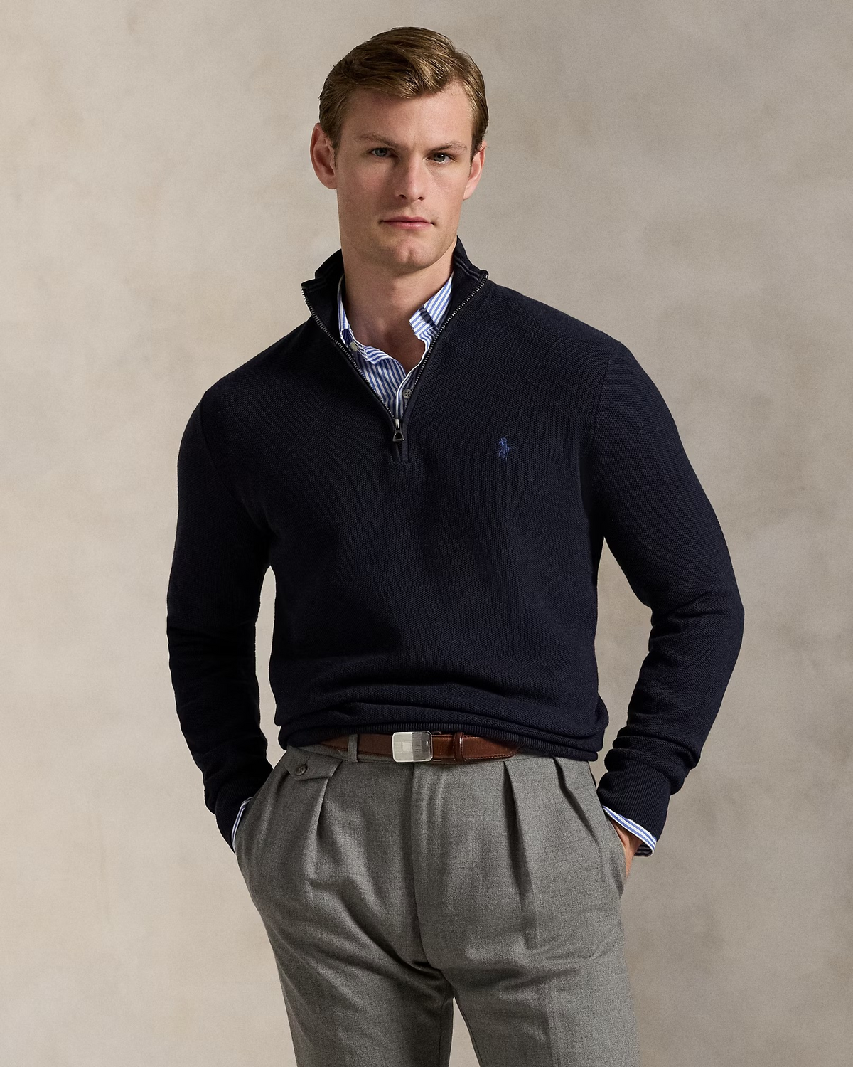 Quarter Zip Textured Mesh Knit Jumper - Navy