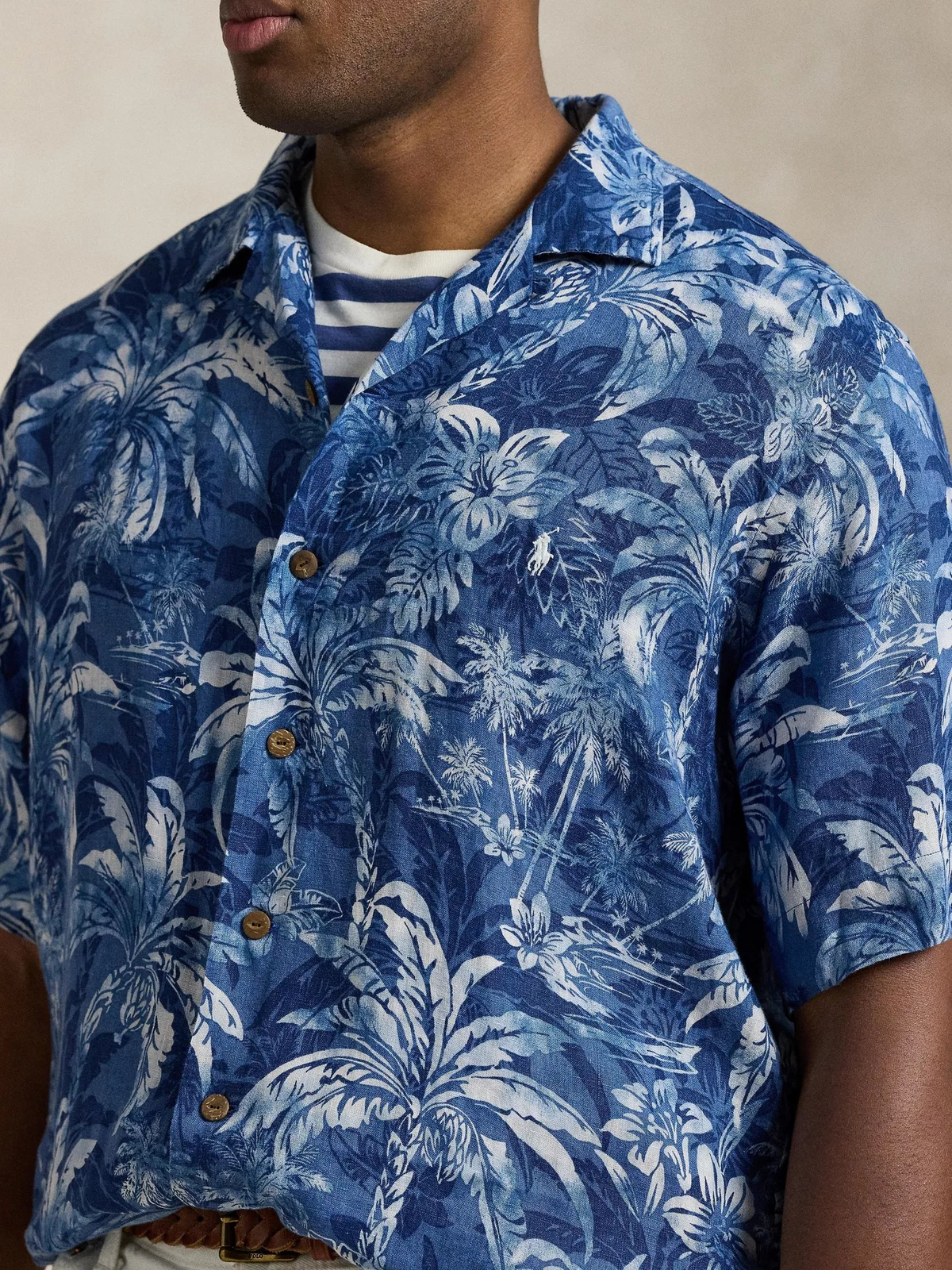 Tropical Print Shirt Sleeve Linen Shirt - Blue