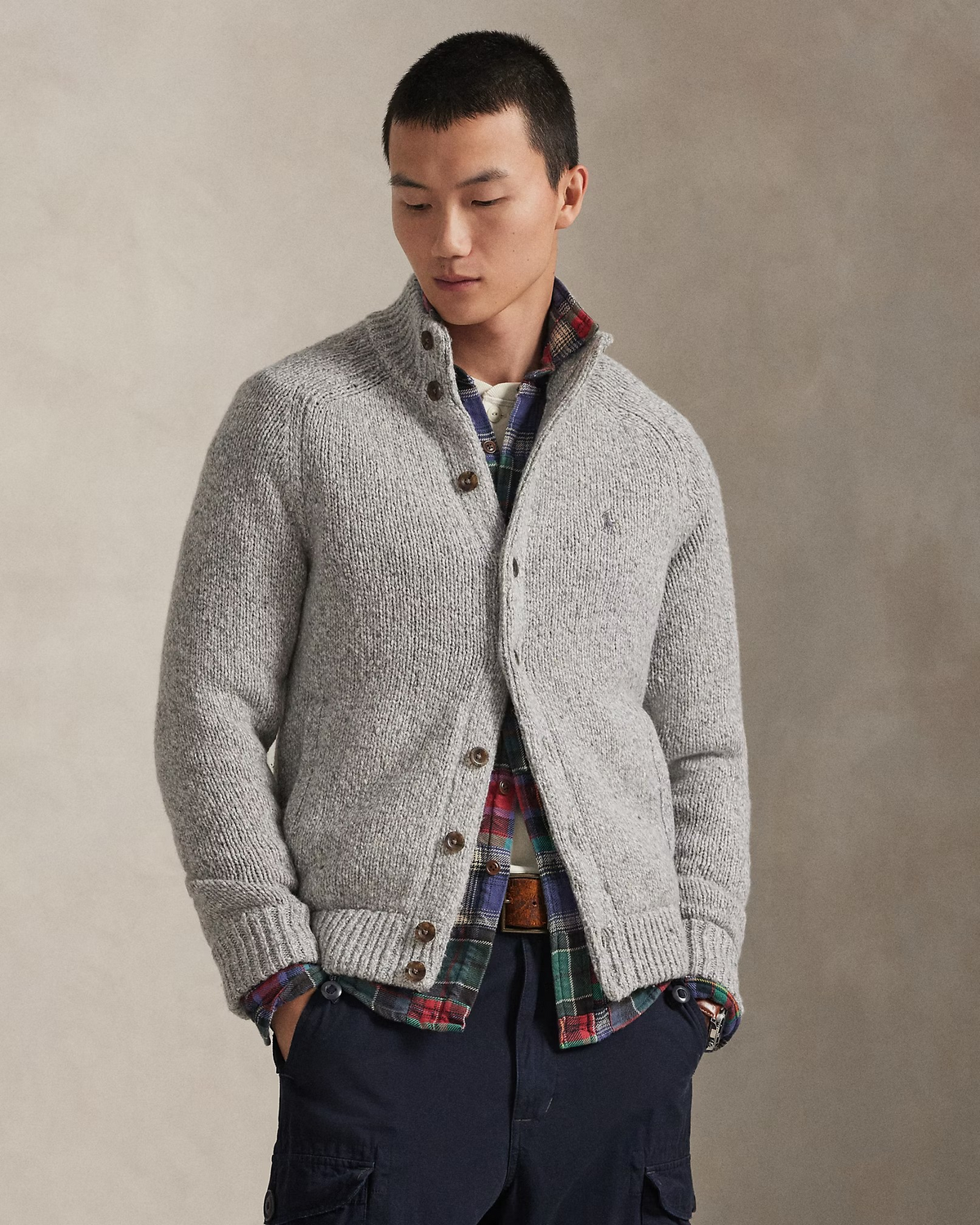 Wool-Blend Mockneck Cardigan - Grey