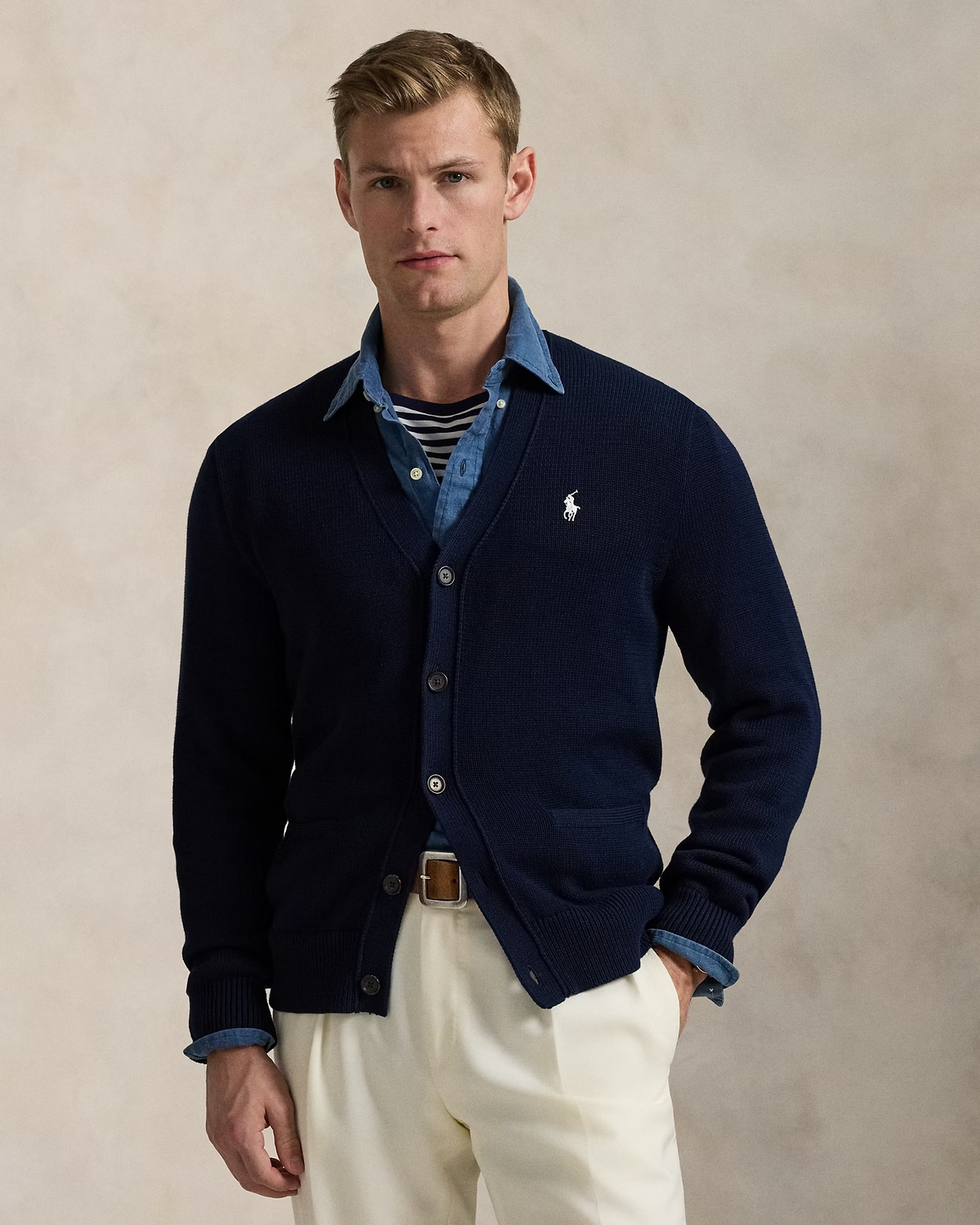 Cotton V-Neck Cardigan - Navy