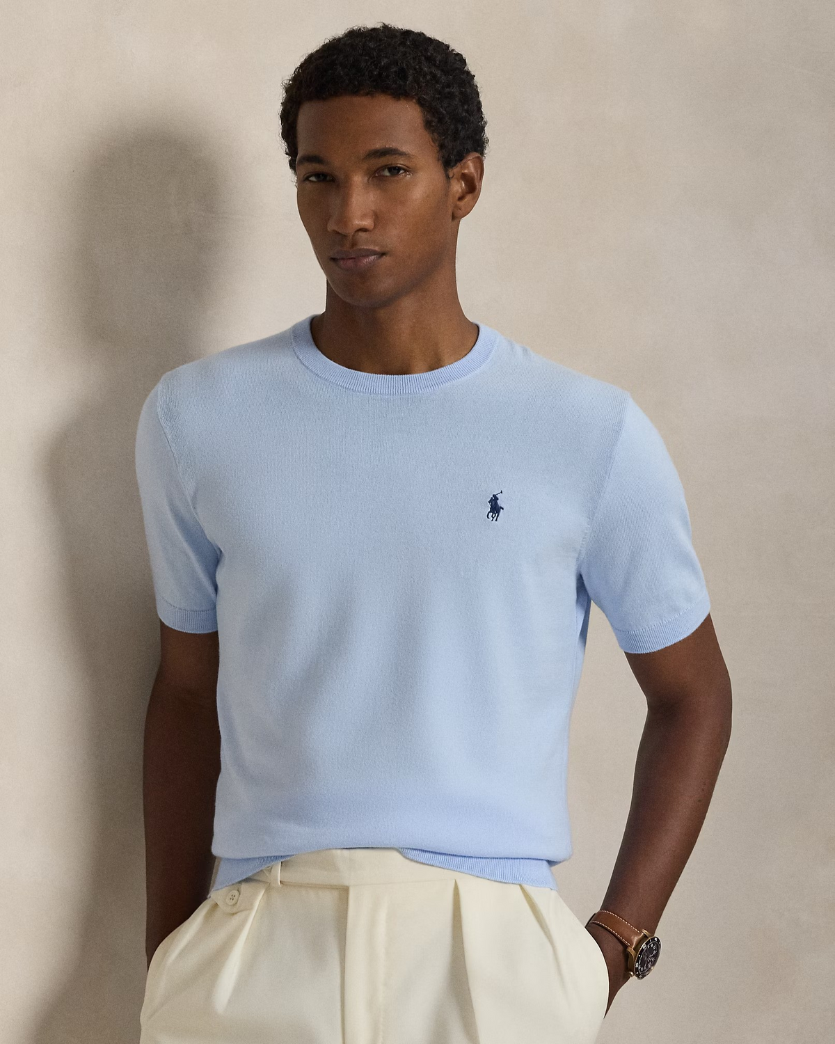 Knitted Cotton Crewneck T-Shirt - Sky