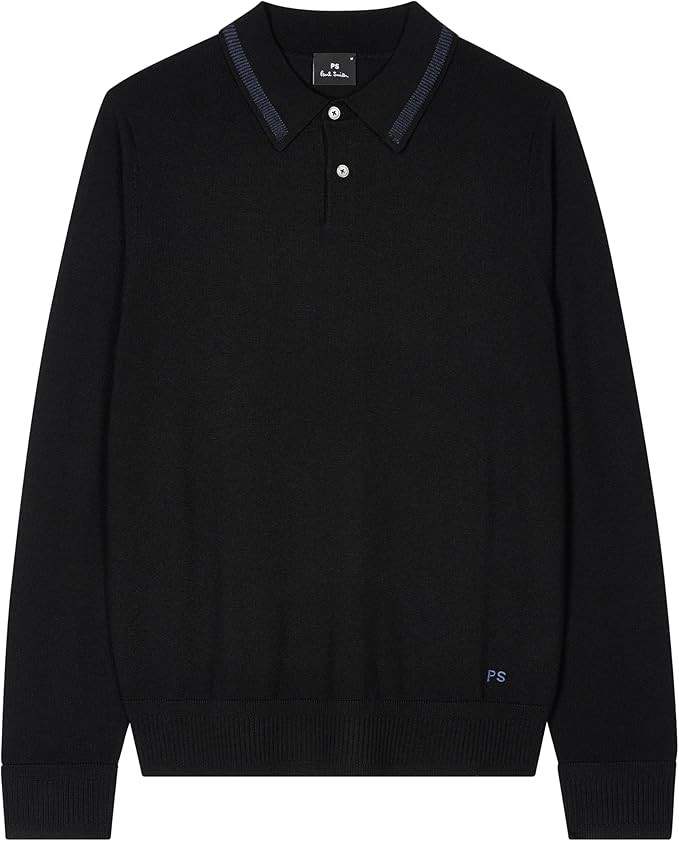 Merino Wool Long Sleeve Polo - Black