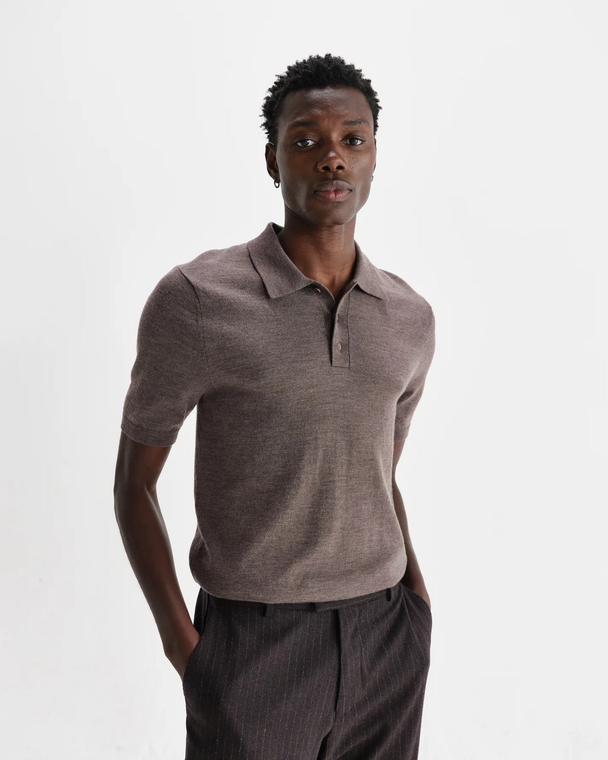 Naples Marl Worsted Wool Knitted Polo - Brown