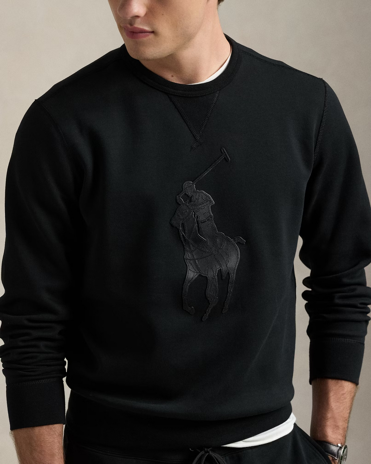 Leather-Pony Double-Knit Sweatshirt - Black