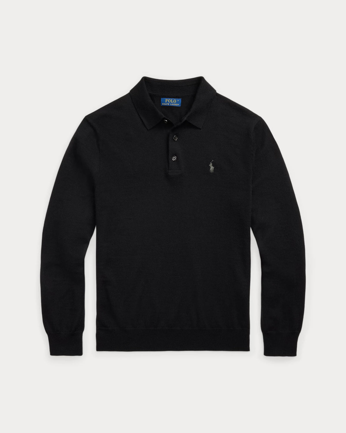 Knitted Long Sleeve Merino Wool Polo - Black