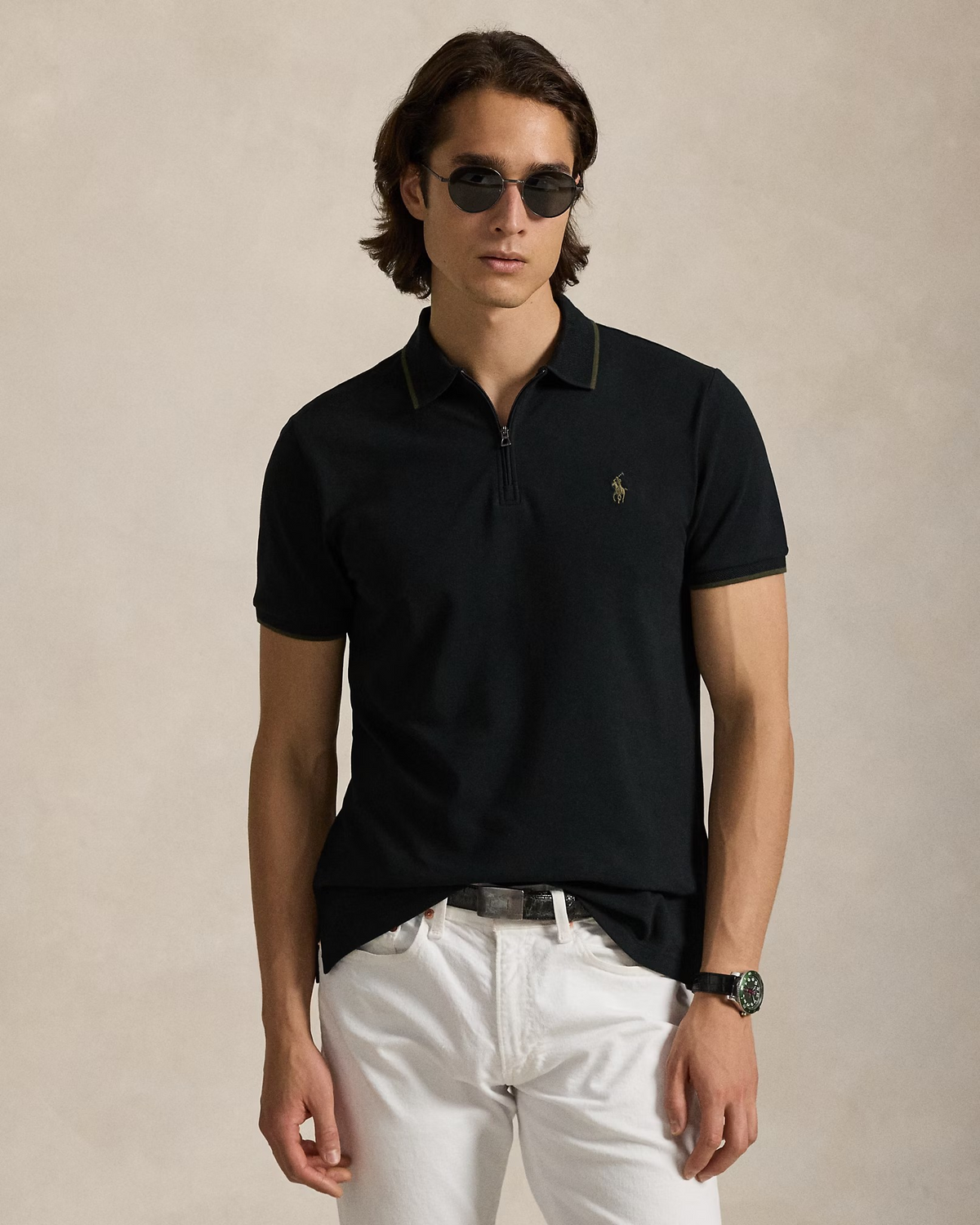 Custom Slim Fit Stretch Mesh Zip Polo Shirt - Black