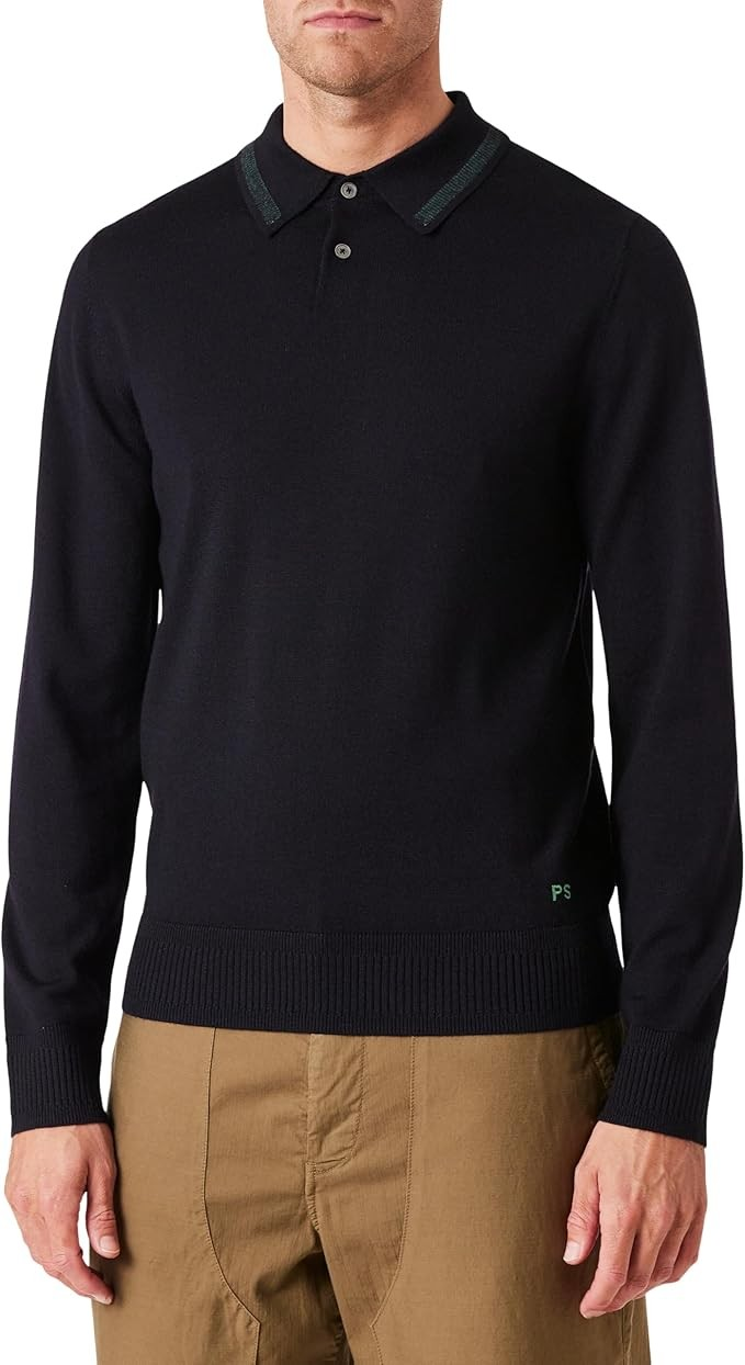 Merino Wool Long Sleeve Polo -Navy
