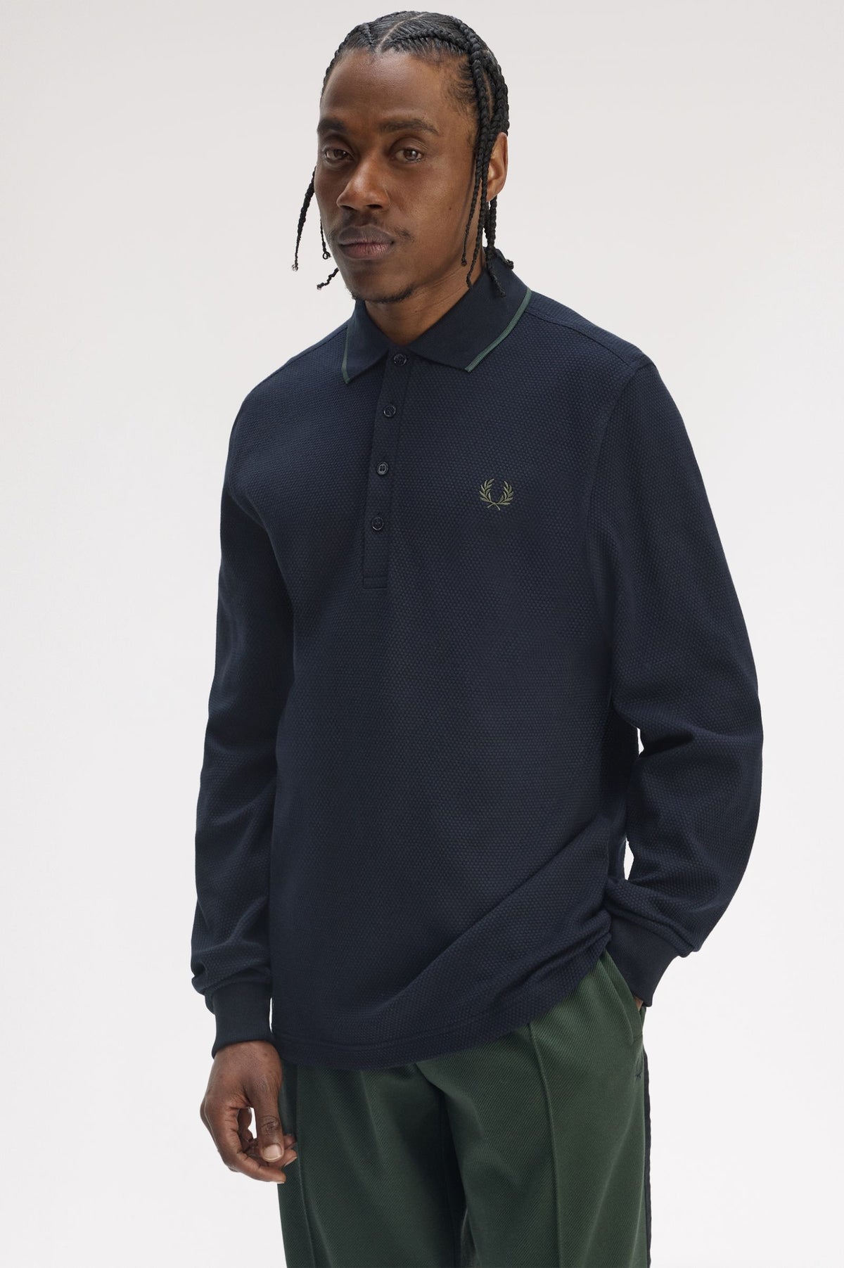 Textured Long Sleeve Polo - Navy