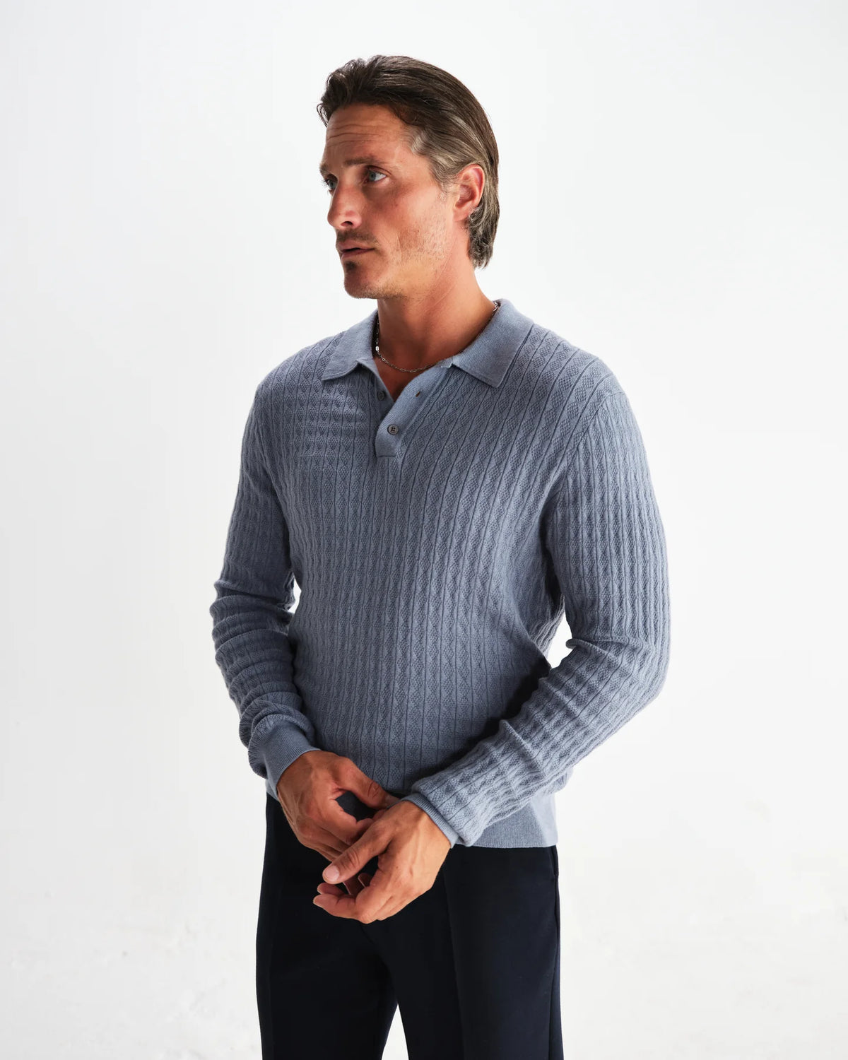 Oban Diamond Stripe Knitted Polo - Slate Blue