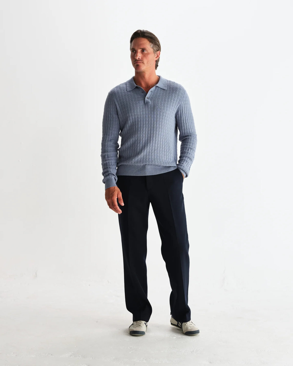 Oban Diamond Stripe Knitted Polo - Slate Blue