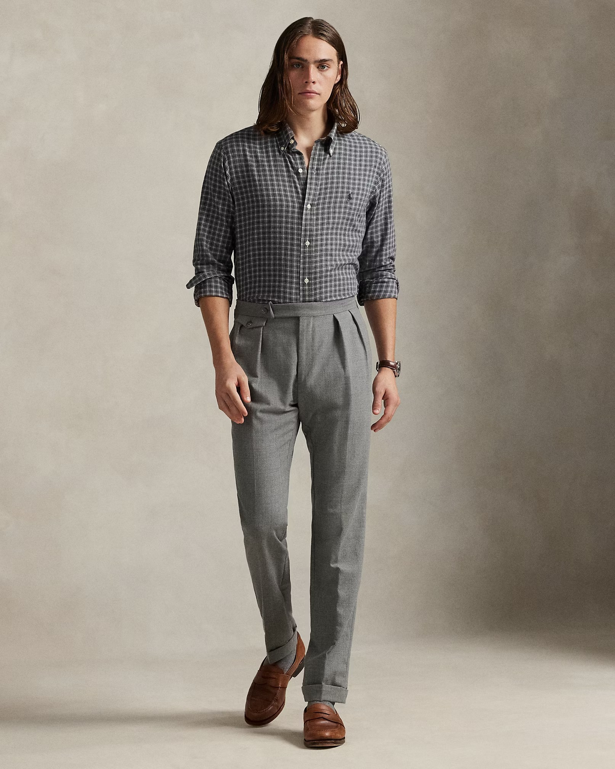 Custom Fit Plaid Twill Shirt - Grey