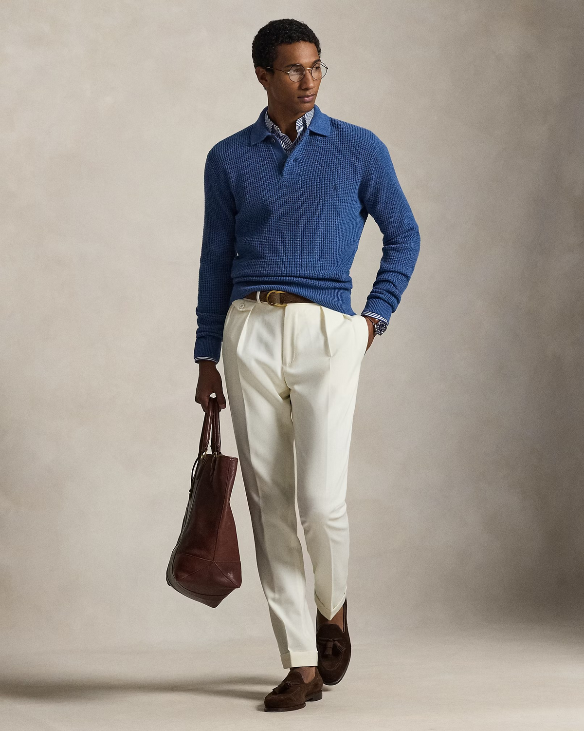 Textured Wool-Cotton Polo-Collar Jumper - Blue