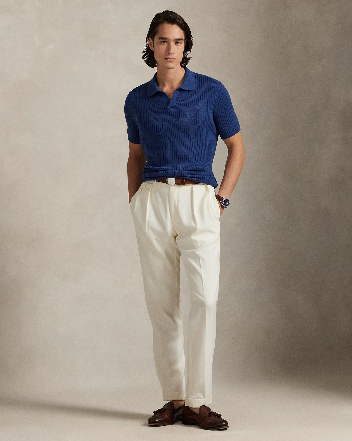 Rib-Knit Cotton Johnny-Collar Polo - Heather Blue