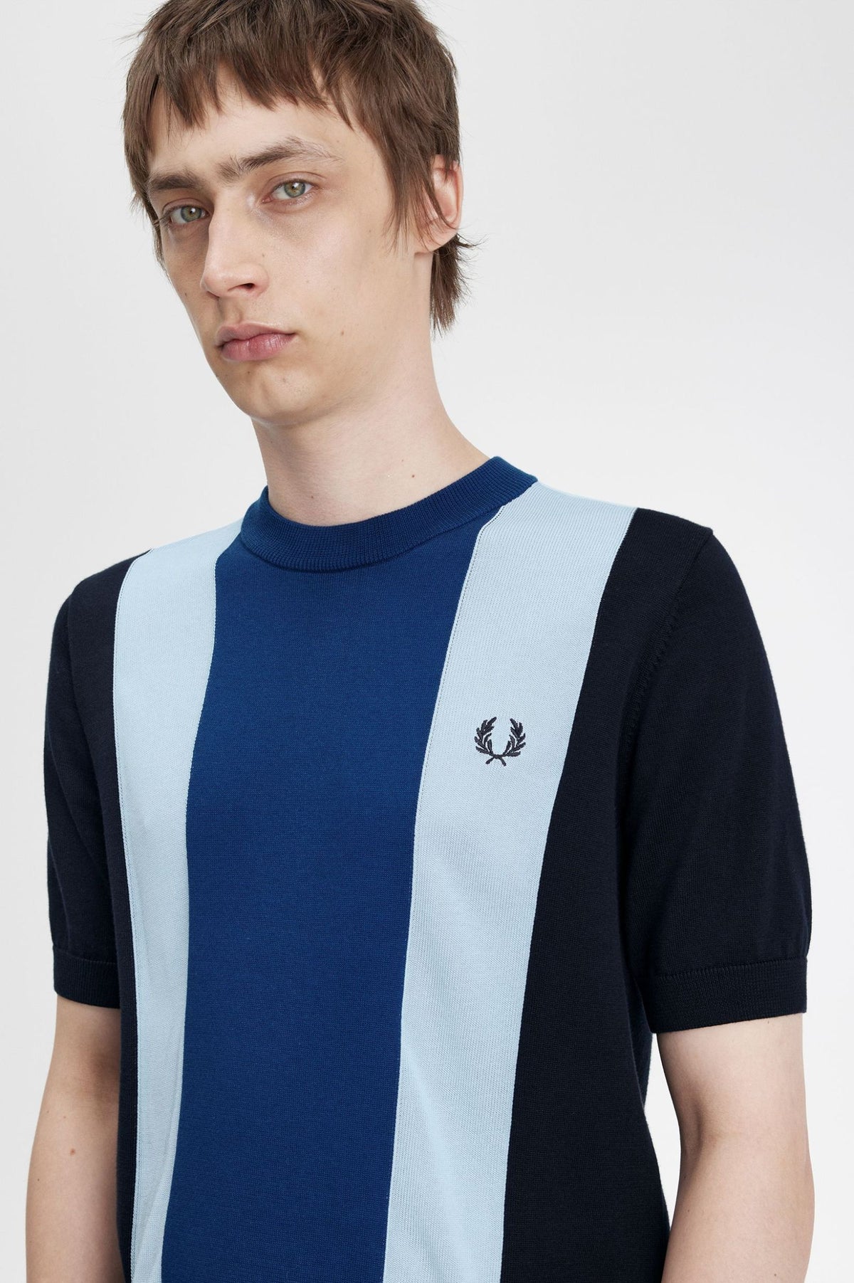 Striped Fine Knitted T-Shirt - Navy/Sky/Black