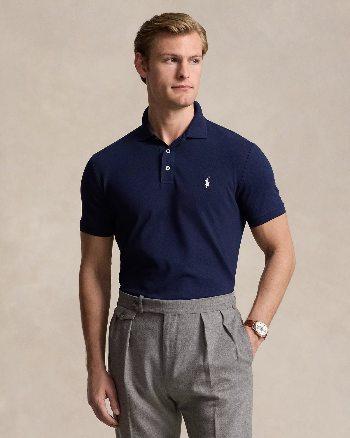 Custom Slim Fit Stretch Mesh Polo - Navy