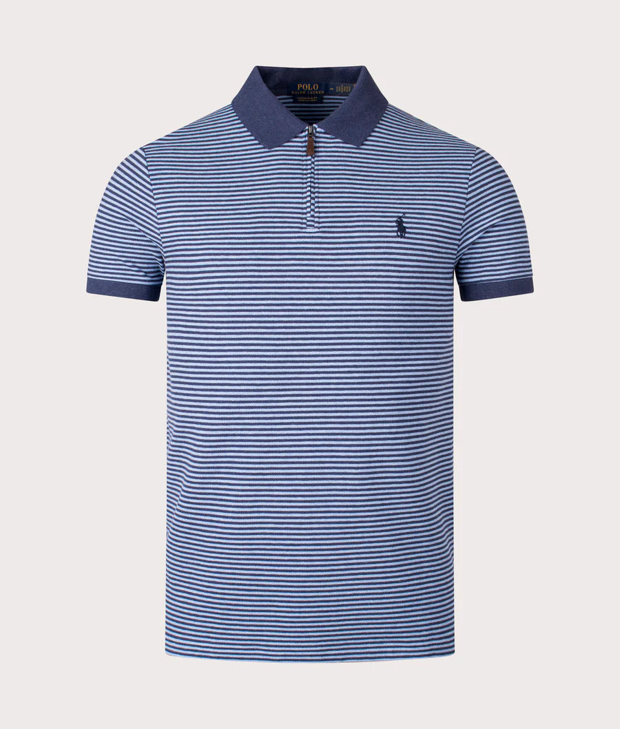 Custom Slim Stretch Mesh Stripe Zip Polo - Navy/Sky