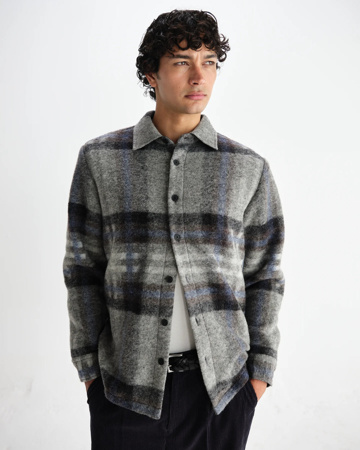 Nolan Check Wool Overshirt - Grey/Blue
