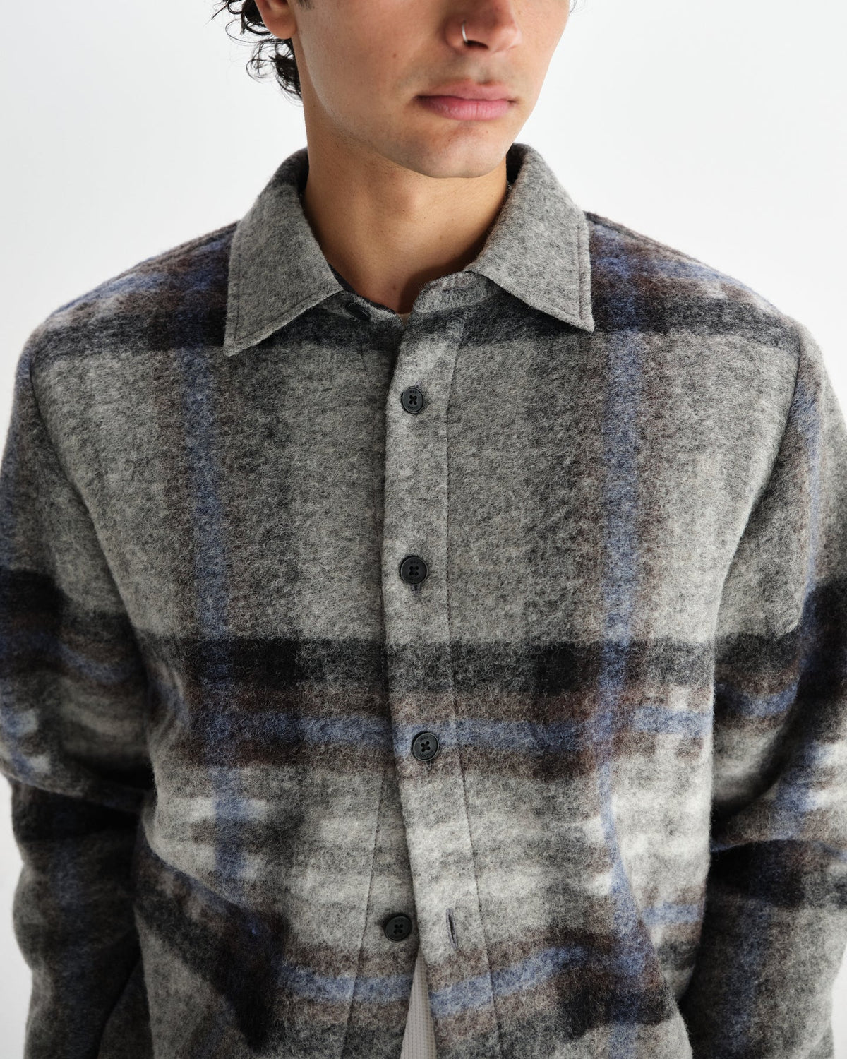 Nolan Check Wool Overshirt - Grey/Blue