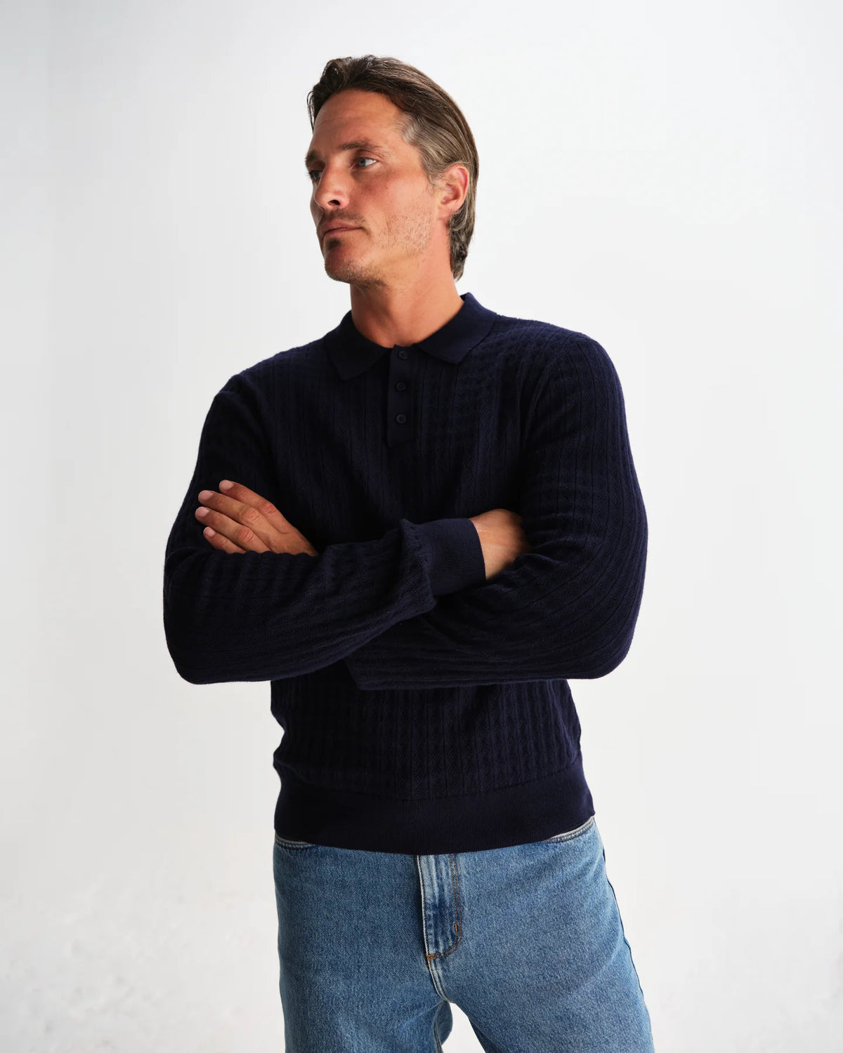 Oban Diamond Stripe Knitted Polo - Navy