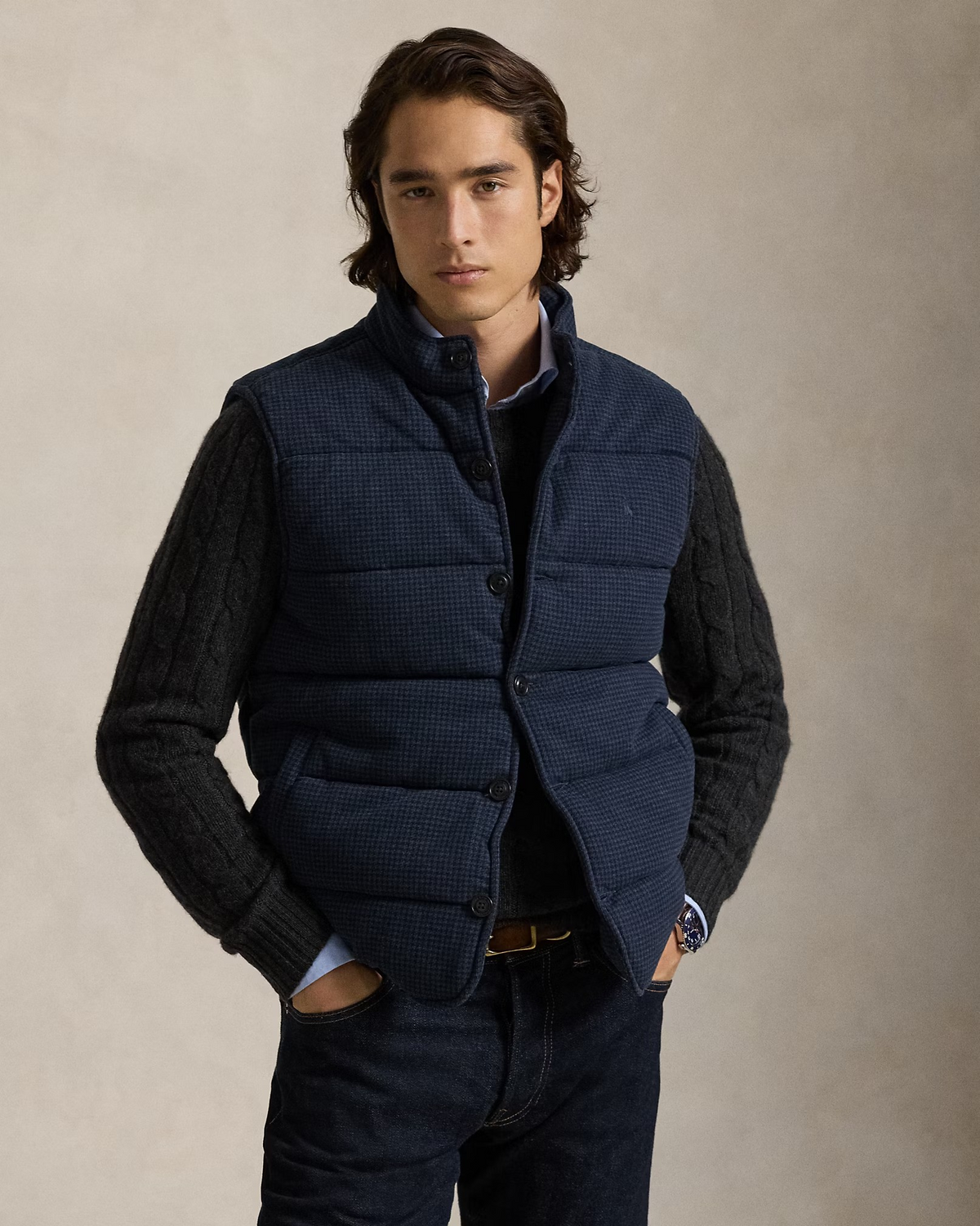 Houndstooth Print Estate Rib Gillet - Navy