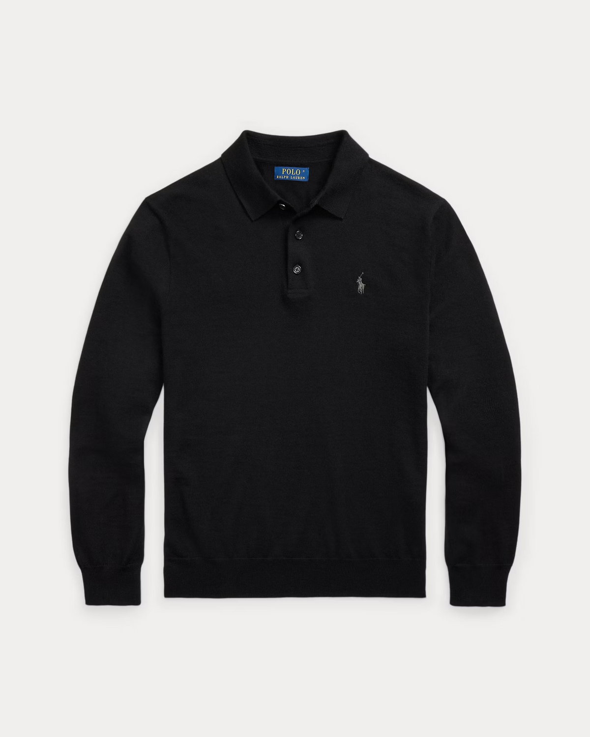 Knitted Wool Long Sleeve Polo - Black