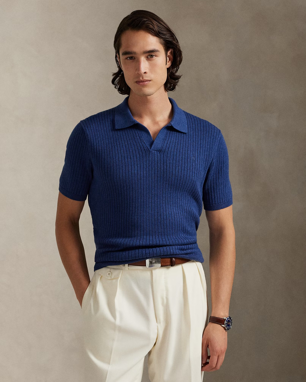 Rib-Knit Cotton Johnny-Collar Polo - Heather Blue