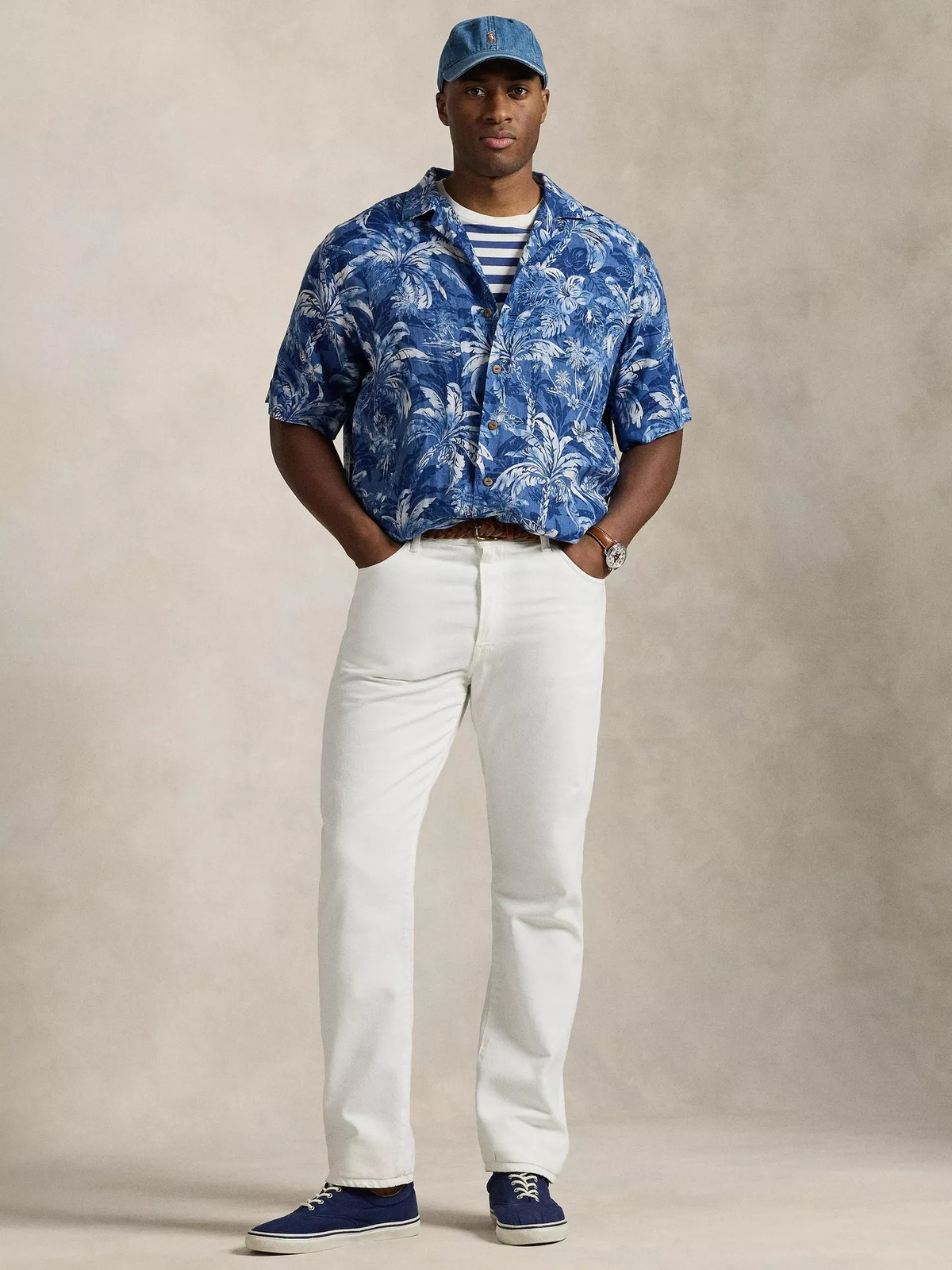 Tropical Print Shirt Sleeve Linen Shirt - Blue