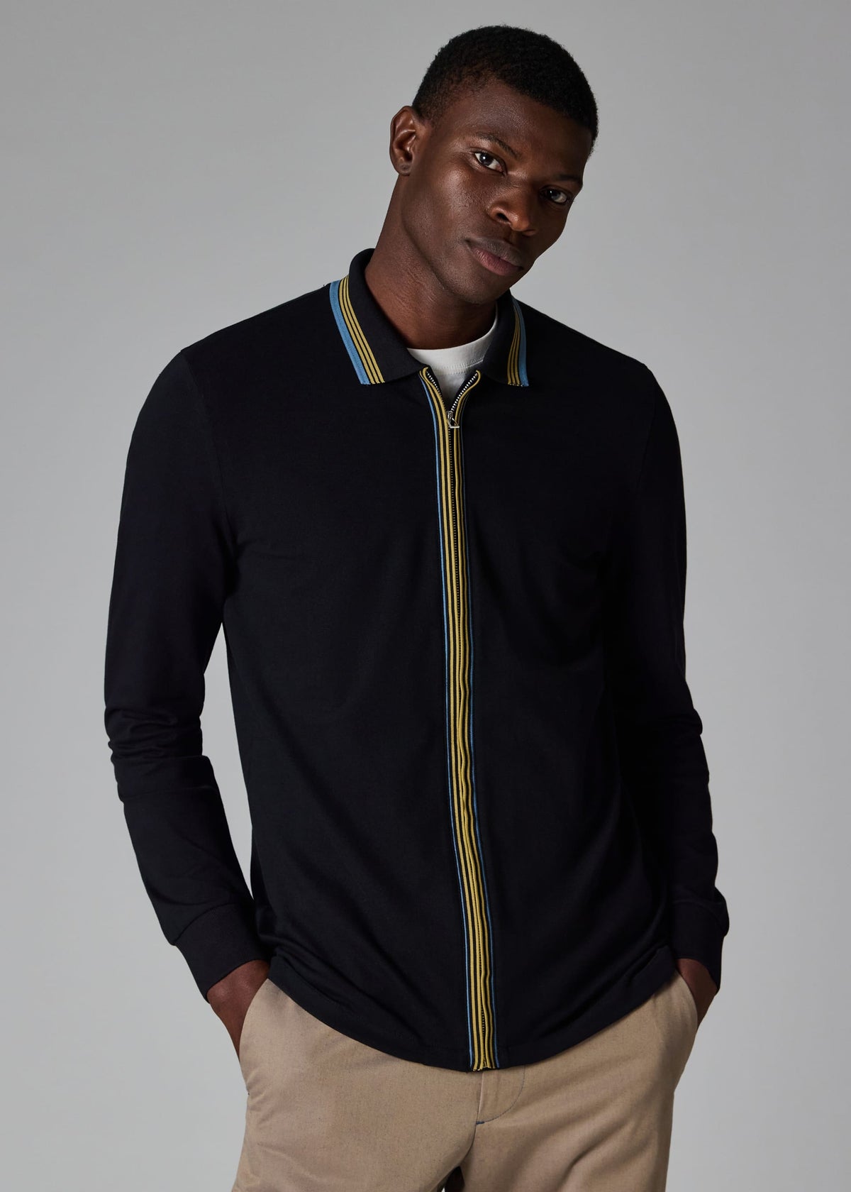 Full-Zip Tipped Long-Sleeve Polo Shirt - Black