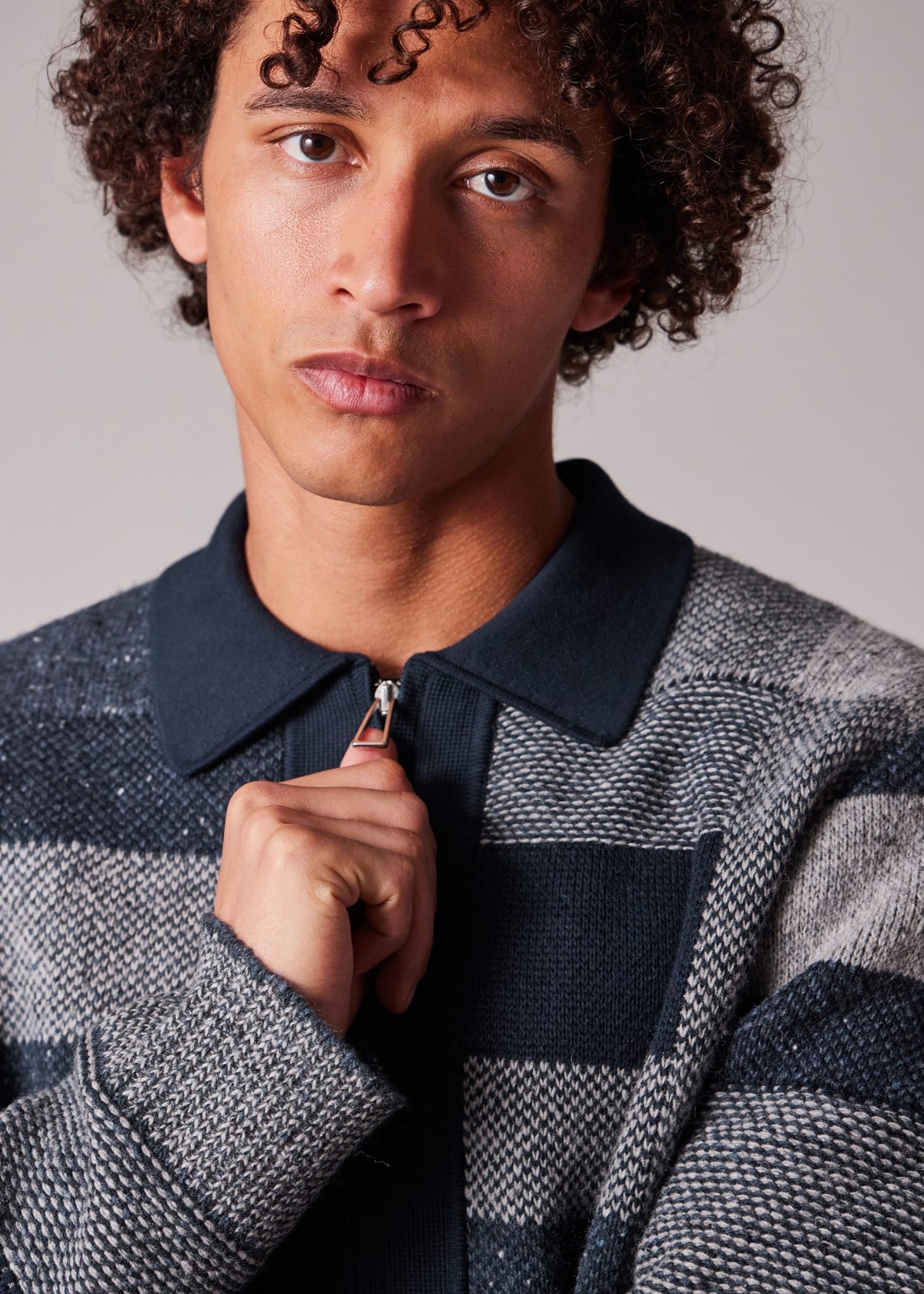 Tonal Knitted Patchwork Zip-Through Cardigan - Navy