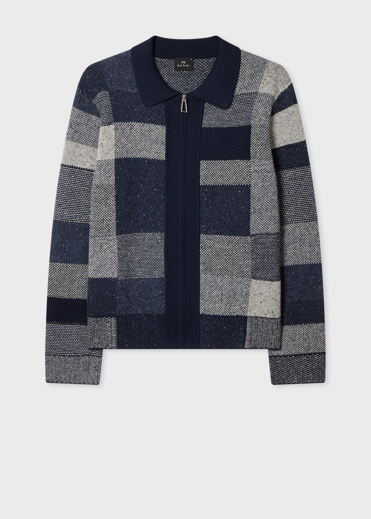 Tonal Knitted Patchwork Zip-Through Cardigan - Navy