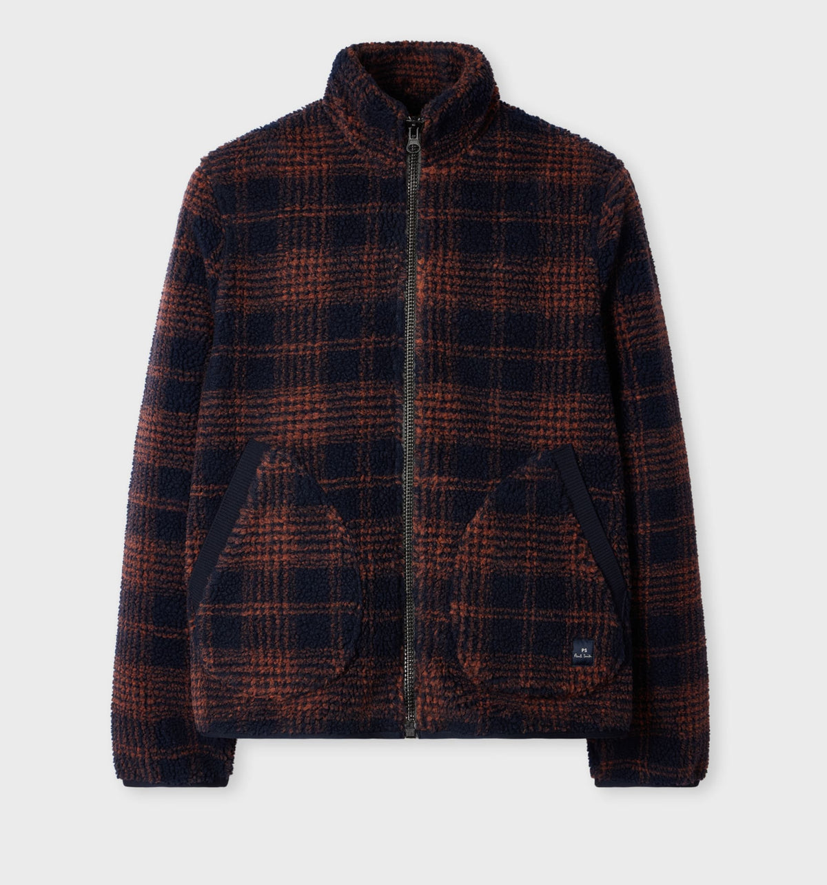 Checked Zip Fleece Jacket - Navy/Orange