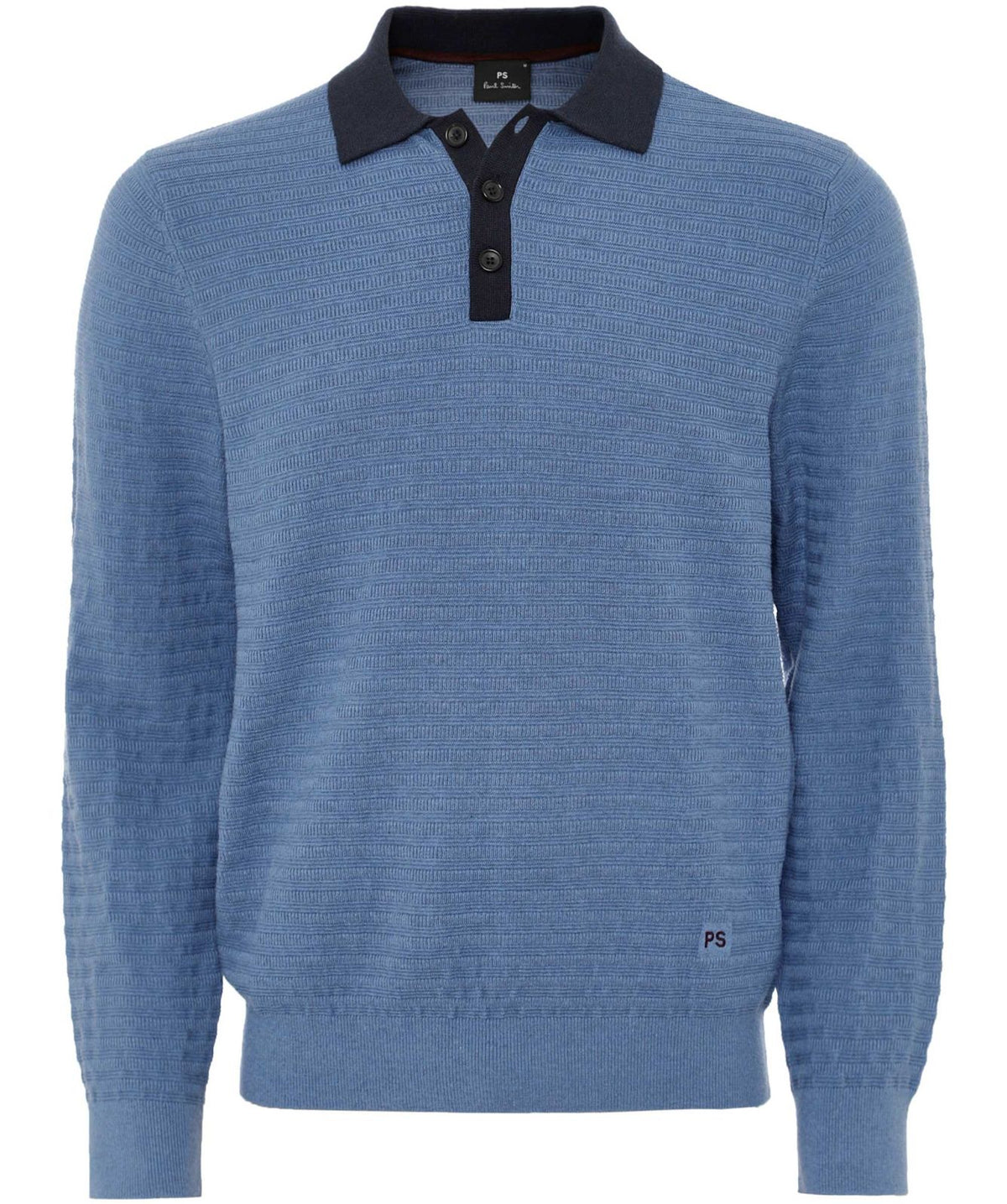 Long Sleeve Textured Knitted Polo - Blue