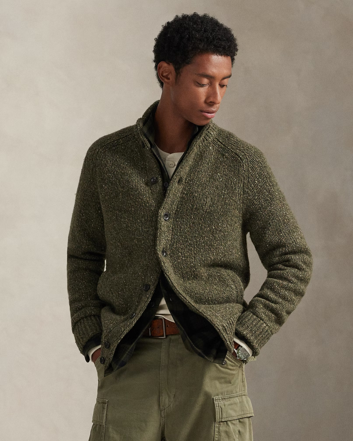 Wool-Blend Mockneck Cardigan - Green