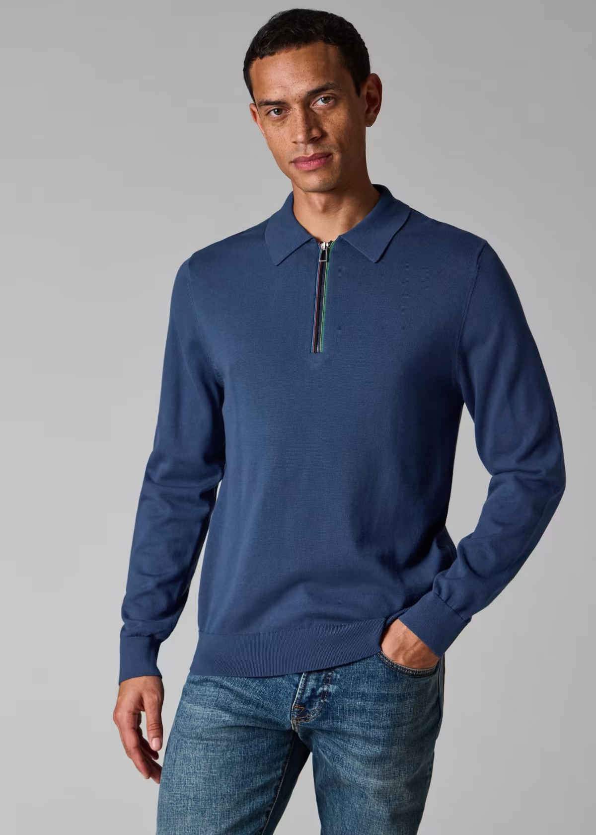 Sports Stripe Zip-Neck Long-Sleeve Polo Shirt - Blue