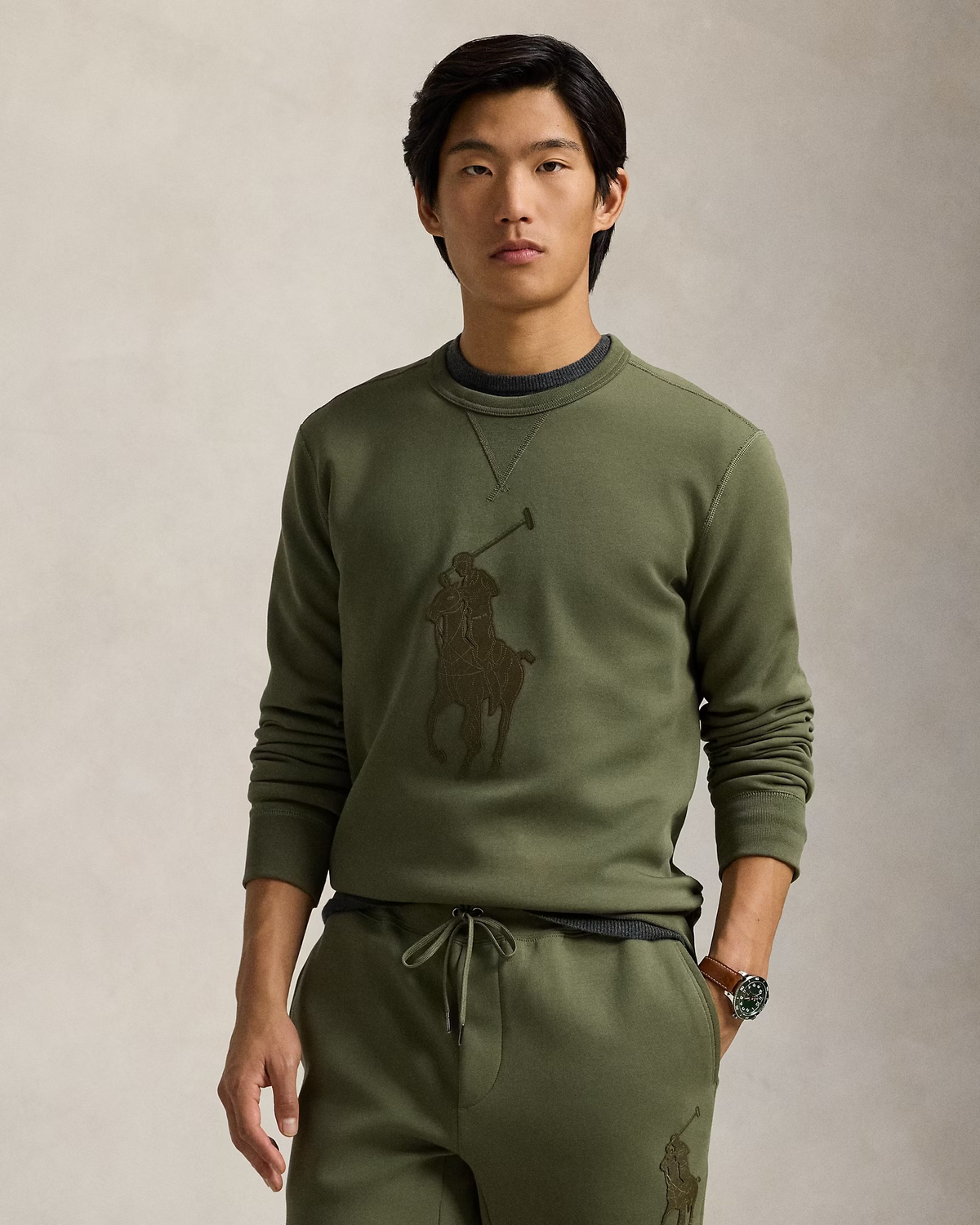 Leather-Pony Double-Knit Sweatshirt - Khaki Green