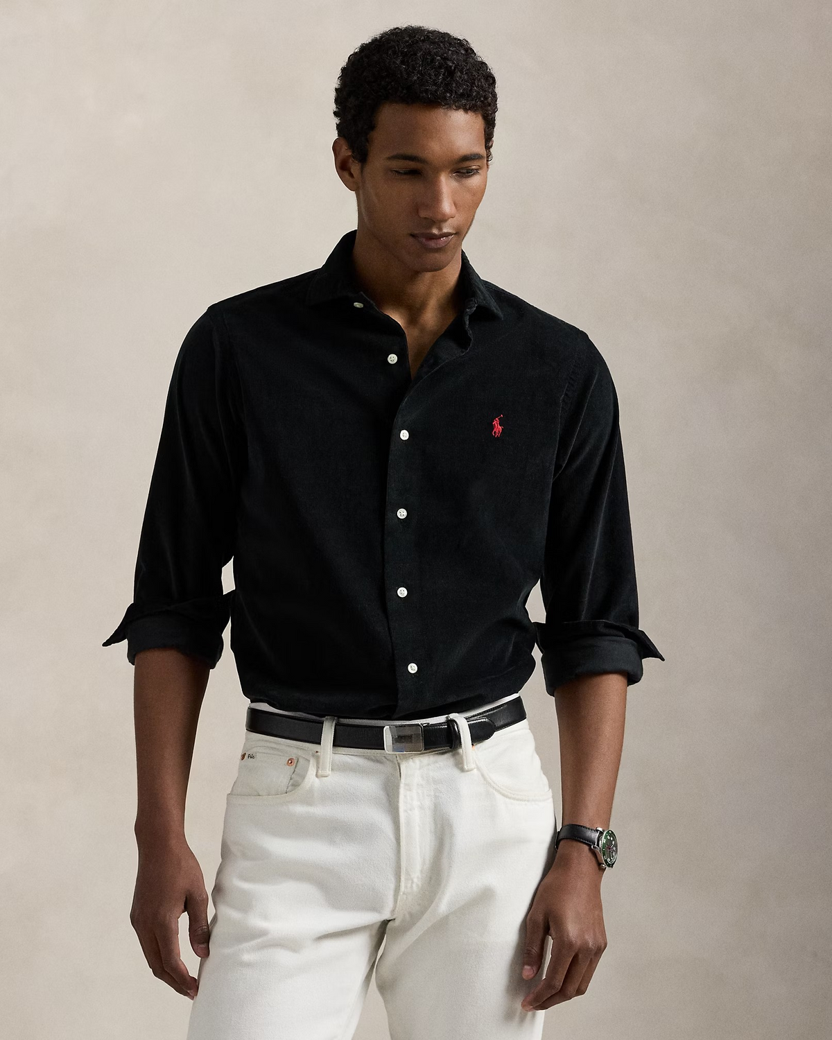 Custom Fit Corduroy Shirt - Black