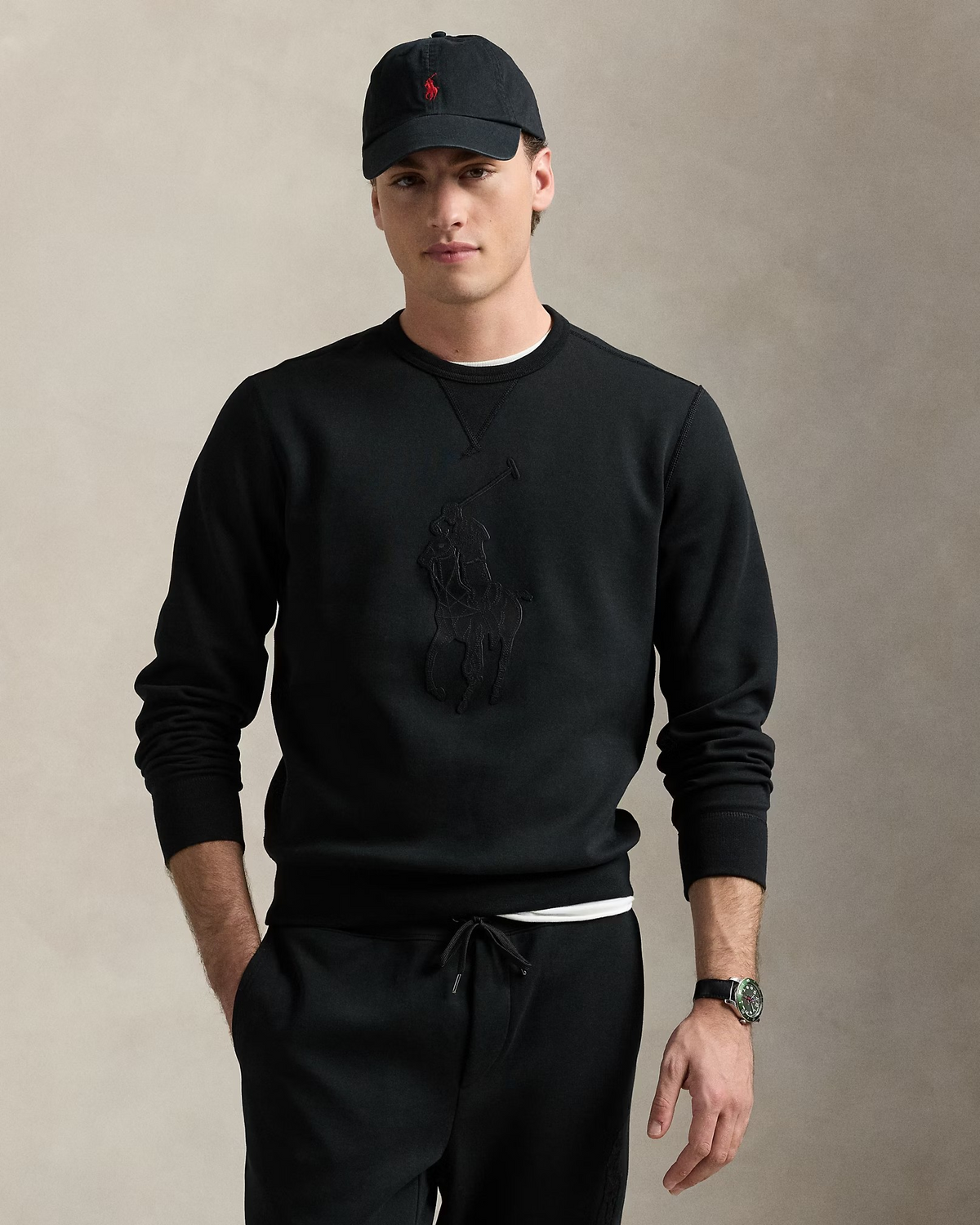 Leather-Pony Double-Knit Sweatshirt - Black