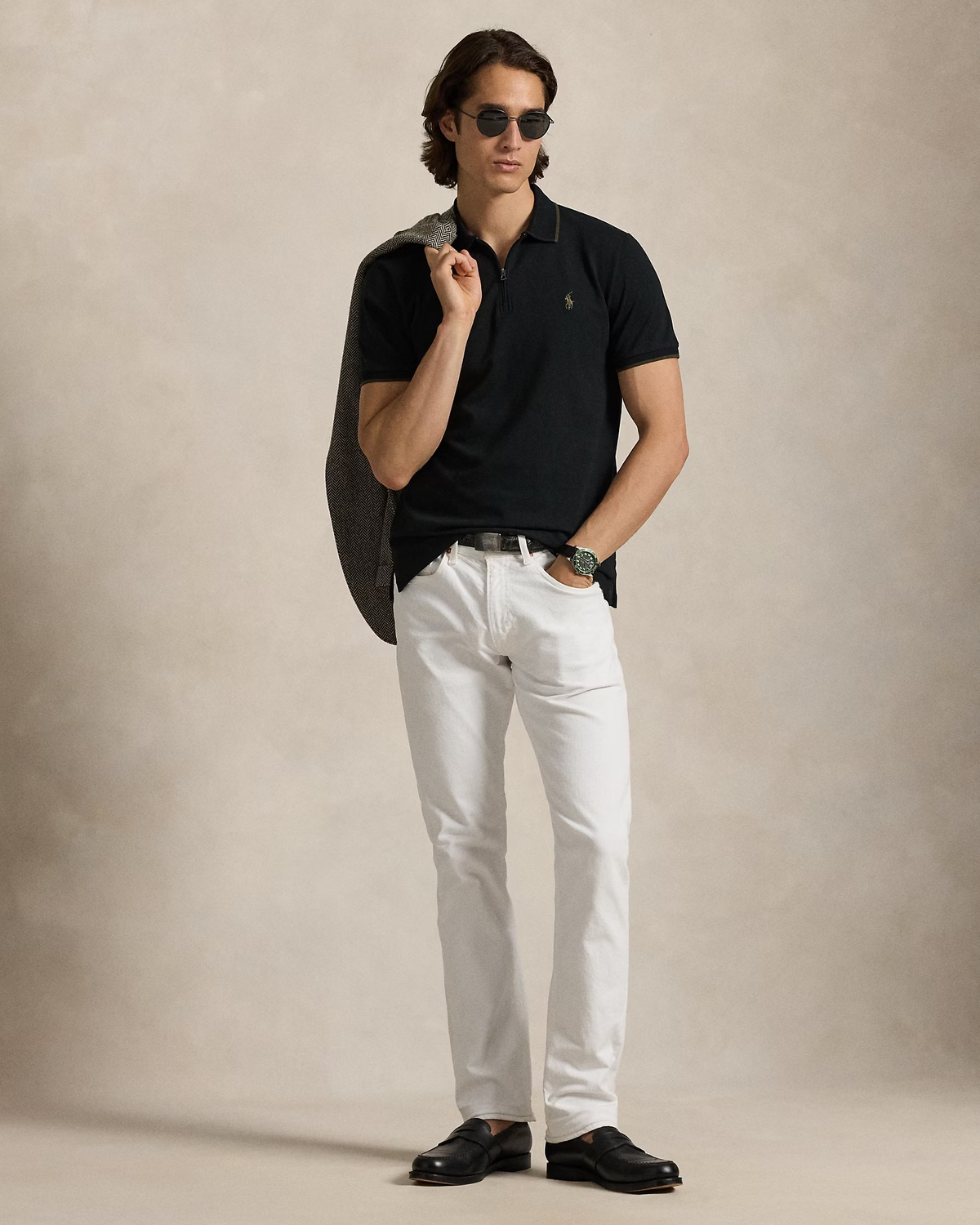 Custom Slim Fit Stretch Mesh Zip Polo Shirt - Black