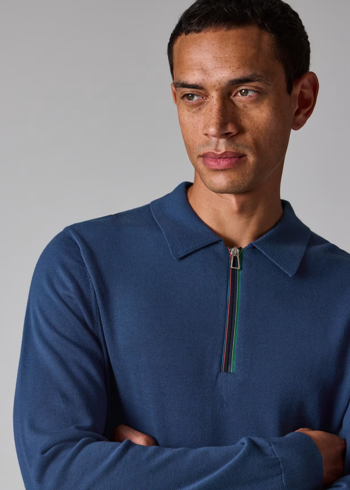 Sports Stripe Zip-Neck Long-Sleeve Polo Shirt - Blue
