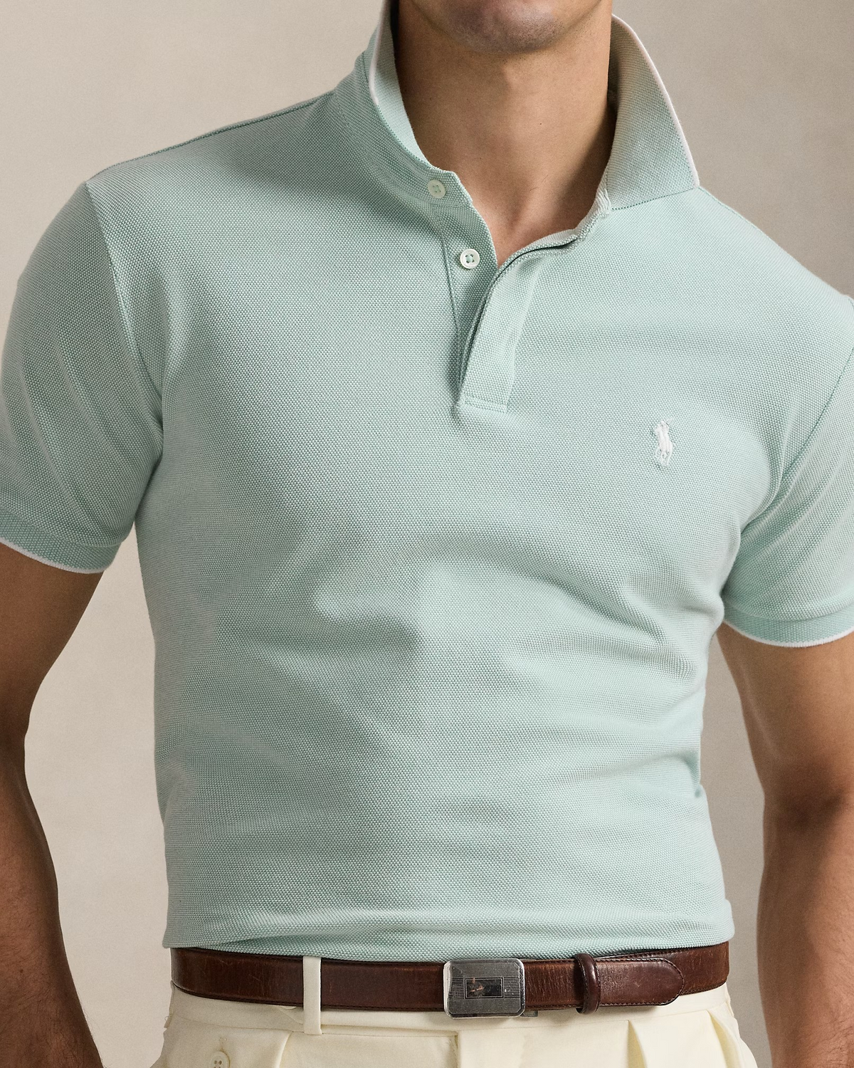 Custom Slim Fit Tipped Stretch Oxford Mesh Polo - Teal Green