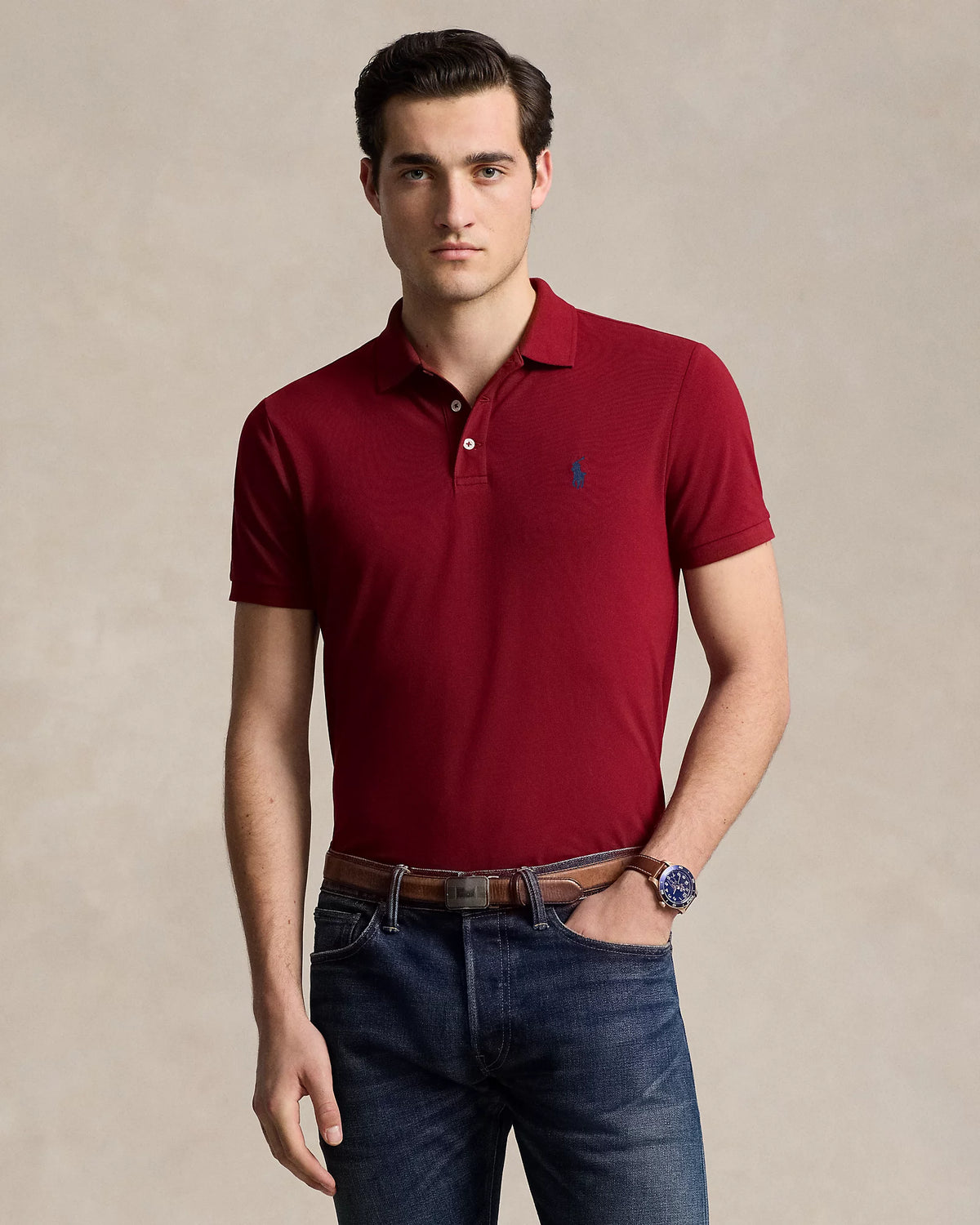 Custom Slim Fit Stretch Mesh Polo - Burgundy