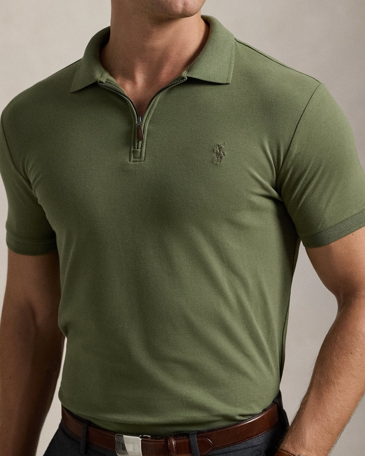 Custom Slim Stretch Mesh Zip Polo - Light Green