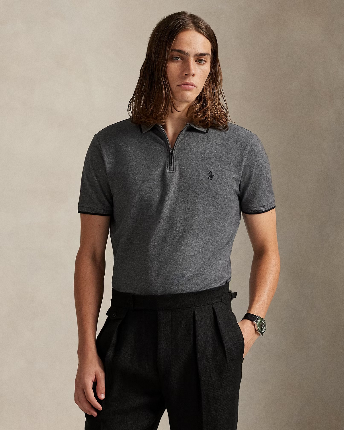 Custom Slim Fit Stretch Mesh Zip Polo Shirt - Grey